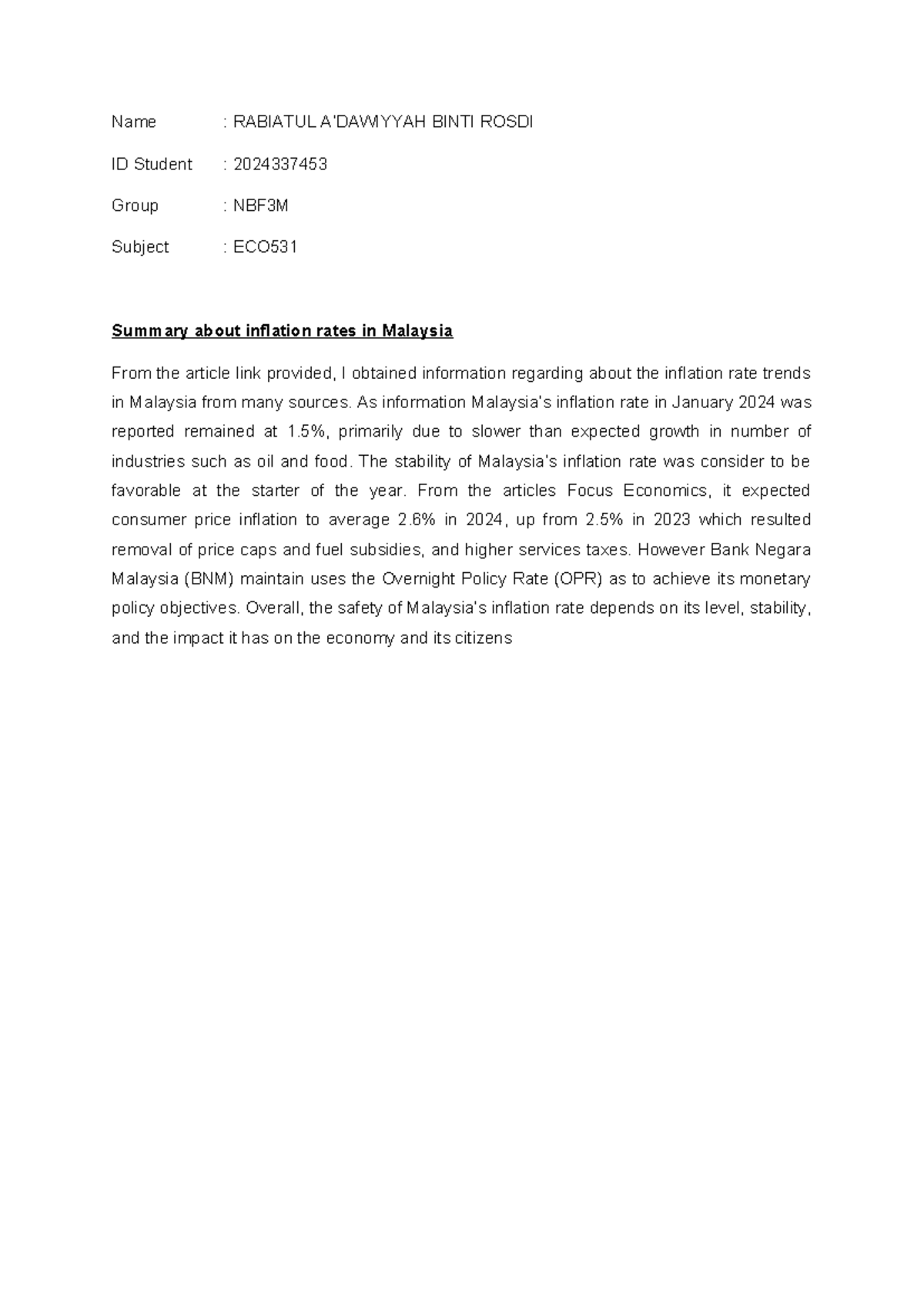 ECO Chapter 1: Analysis of Inflation Rates in Malaysia - Studocu