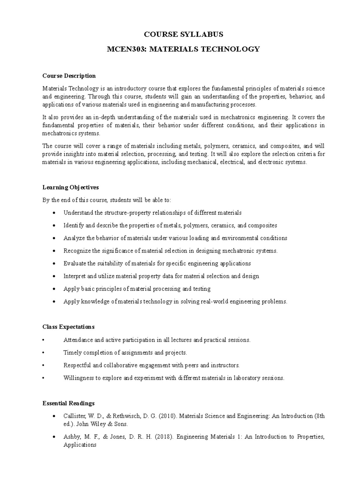 MCEN 303: Syllabus for Materials Technology Course - Studocu