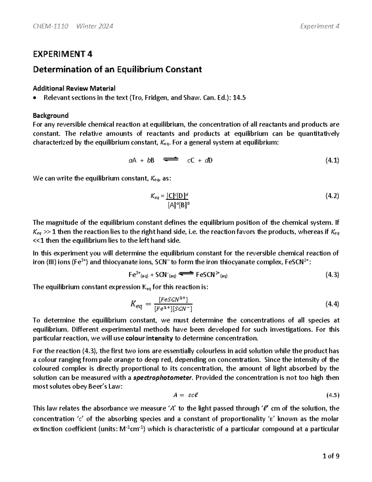 Determination of Equilibrium Constant (EXP) - Experiment 4 Notes - Studocu