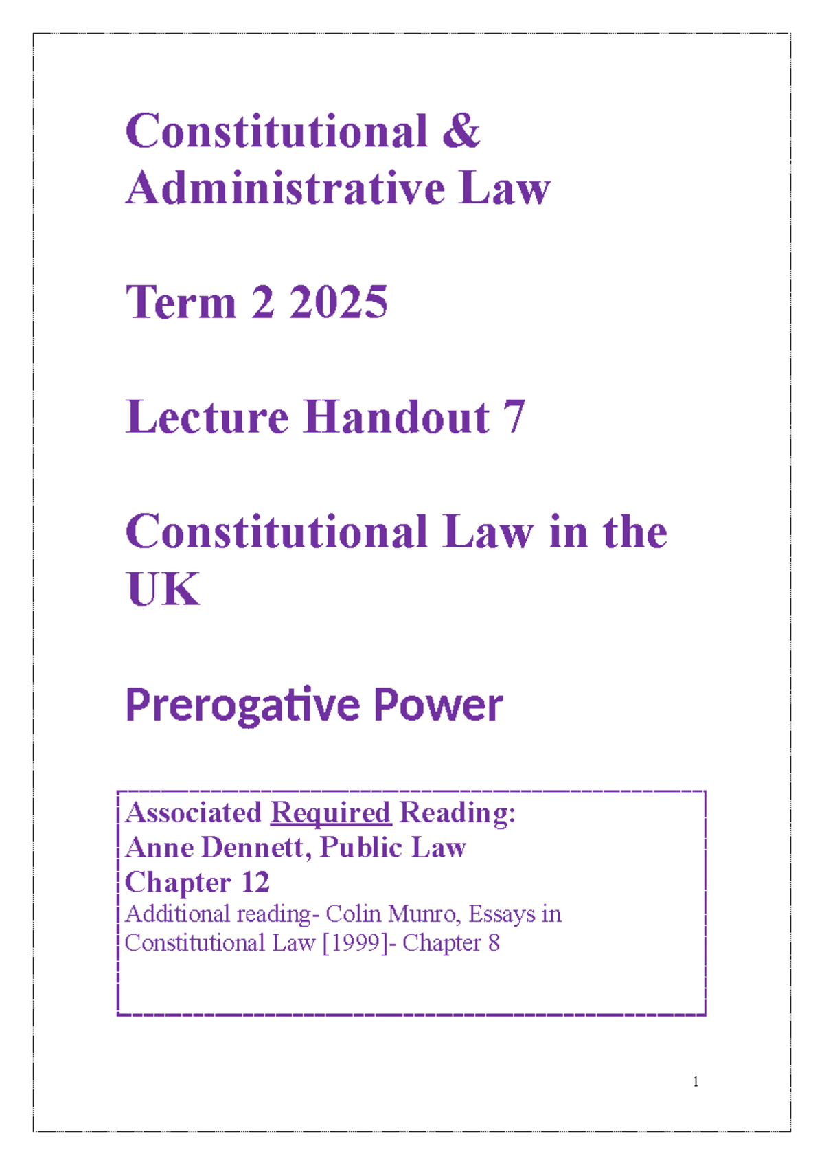 Constitutional Law in the UK: Prerogative Power Lecture Handout T2 2025 ...