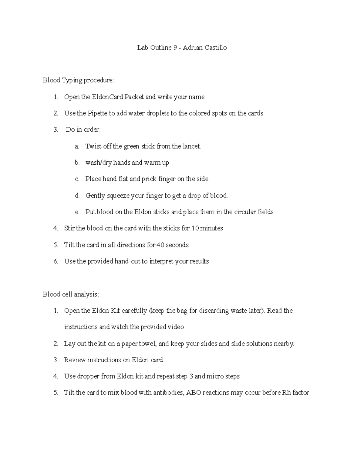 Bio Lab Outline #9: Blood Typing Procedures and Analysis Guide - Studocu
