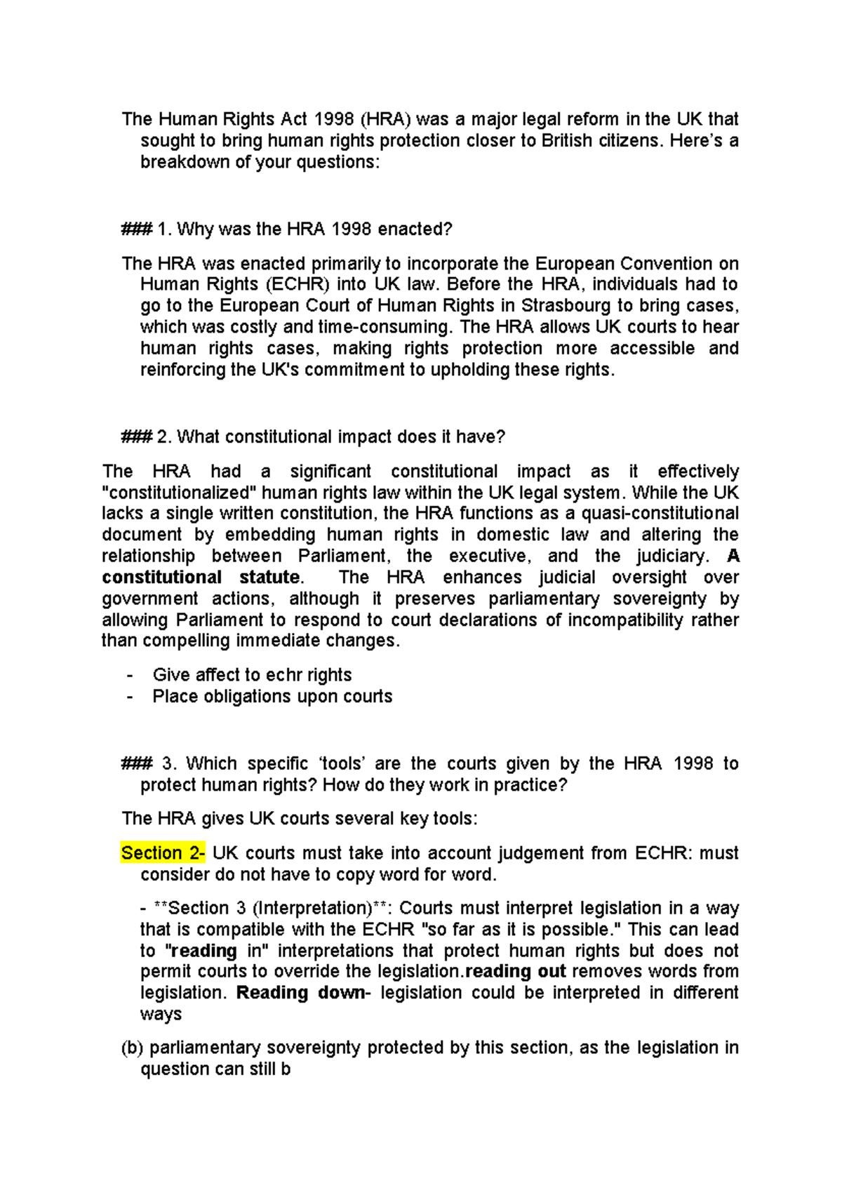 HRA 1998: Key Insights on Human Rights Protection Mechanisms - Studocu