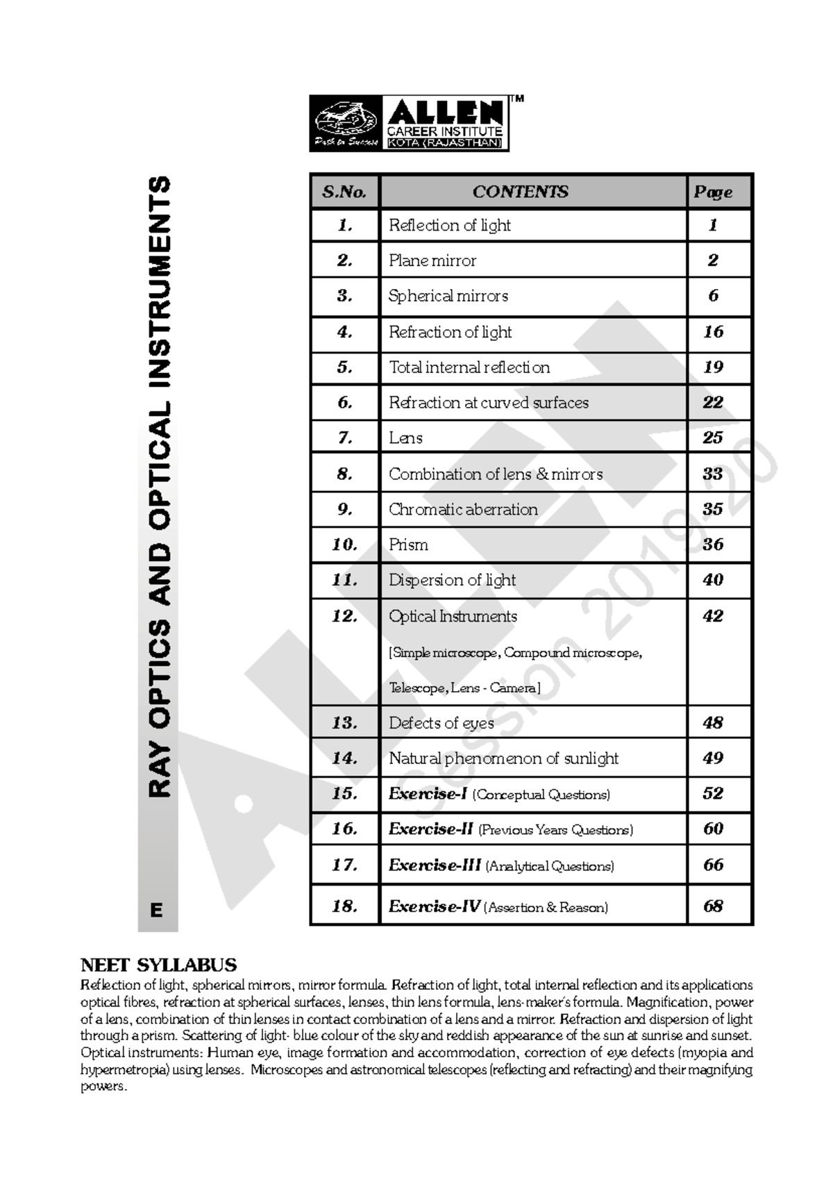 Ray Optics & Optical Instruments Study Notes (Session 2019-ALLEN) - Studocu
