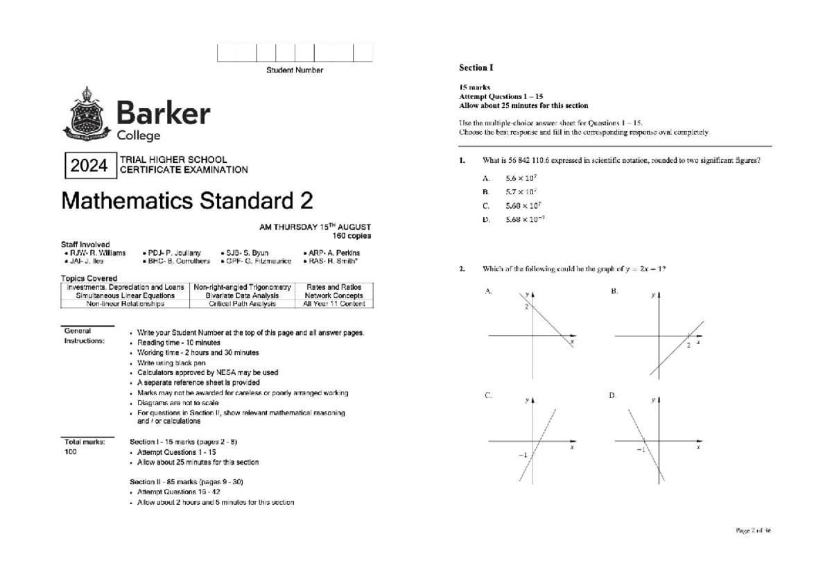 Barker College Mathematics Standard 2 Trial Exam Solutions 2024 - Studocu