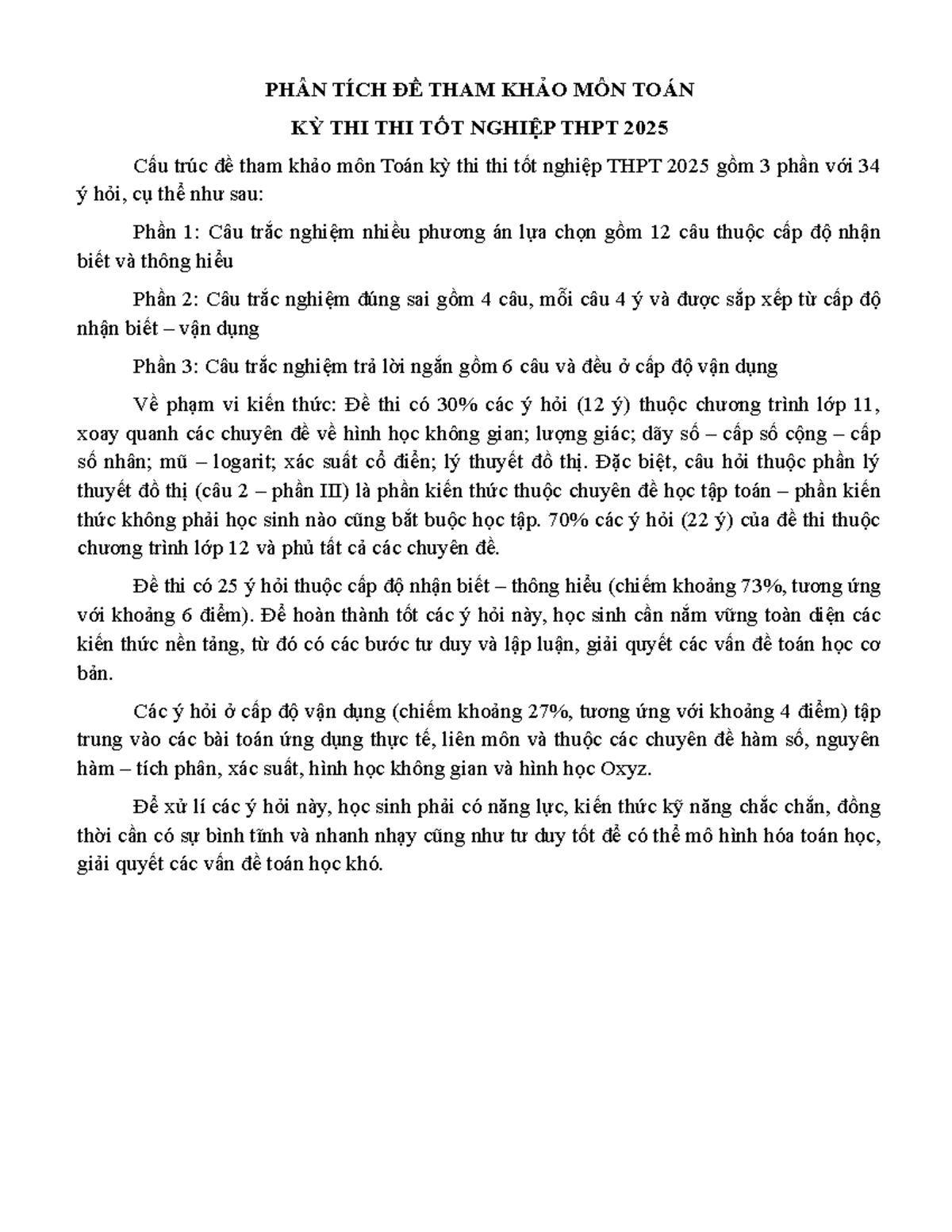 Ma trận phân tích đề thi Toán Kỳ Thi TN THPT 2025 - Document Preview