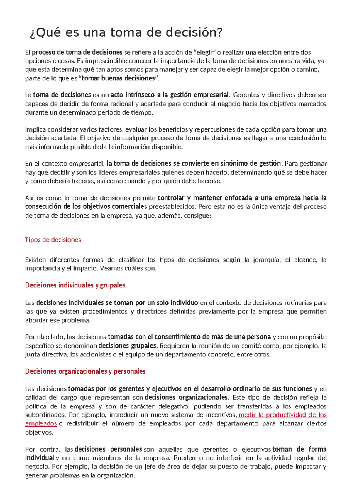 0 Toma de Decisiones: Tipos y Etapas en la Gestión Empresarial - Studocu