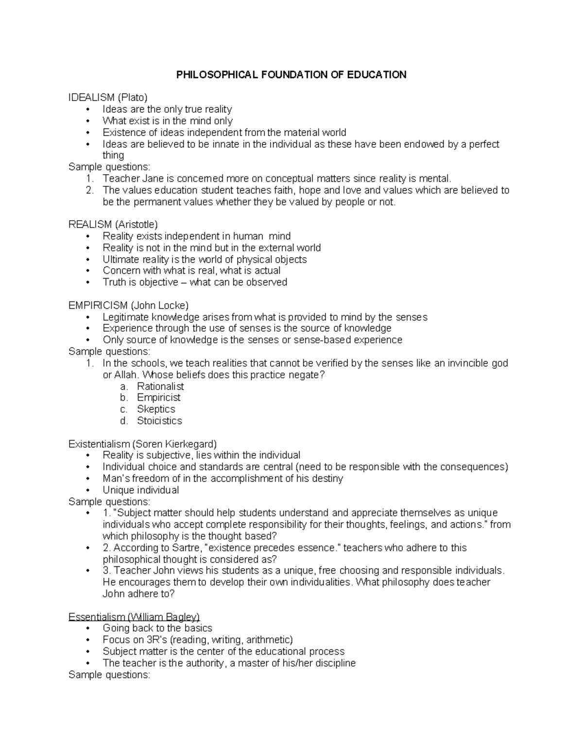 PHIL 101 Final Notes: Exploring Philosophical Foundations of Education ...