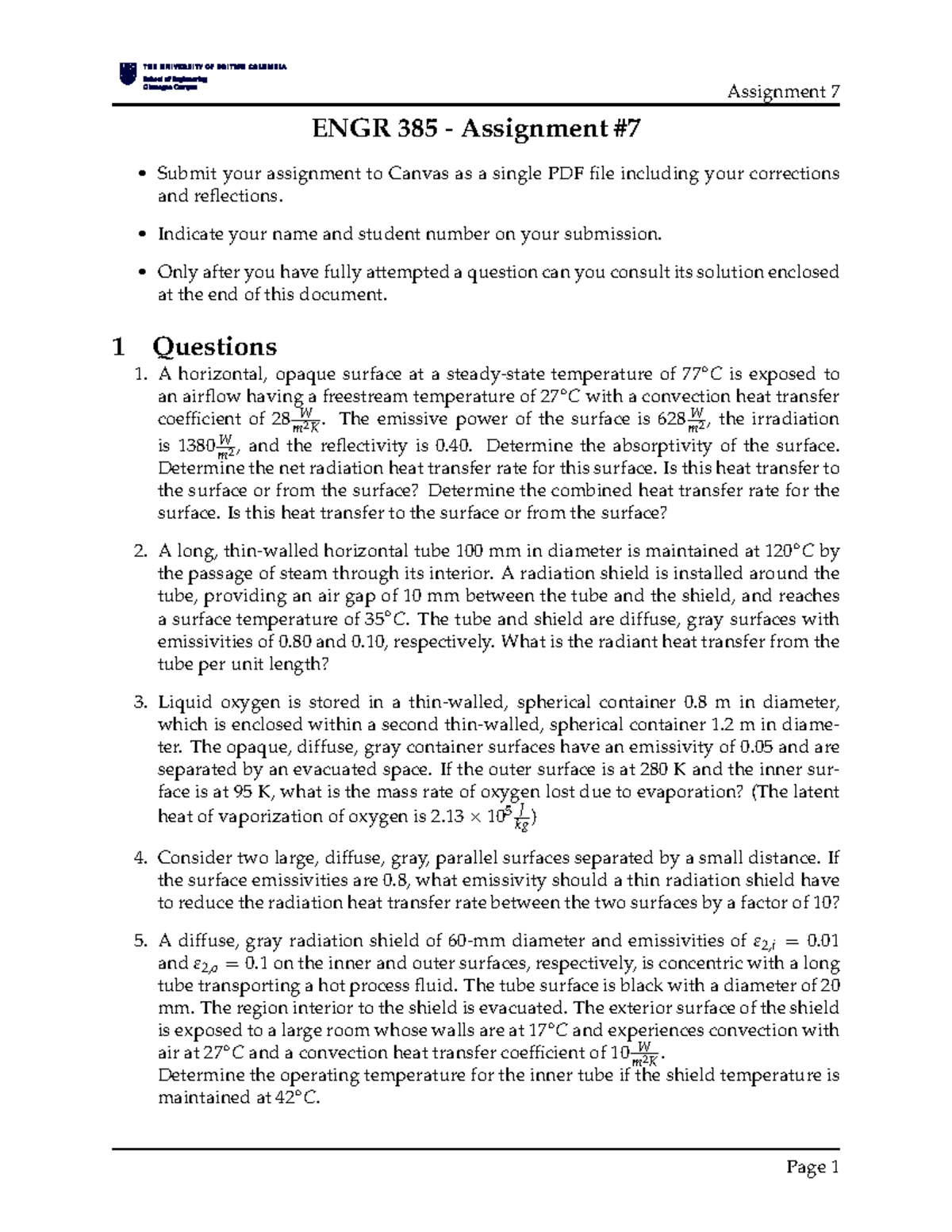 ENGR 385 Assignment 7: Heat Transfer Analysis and Calculations - Studocu