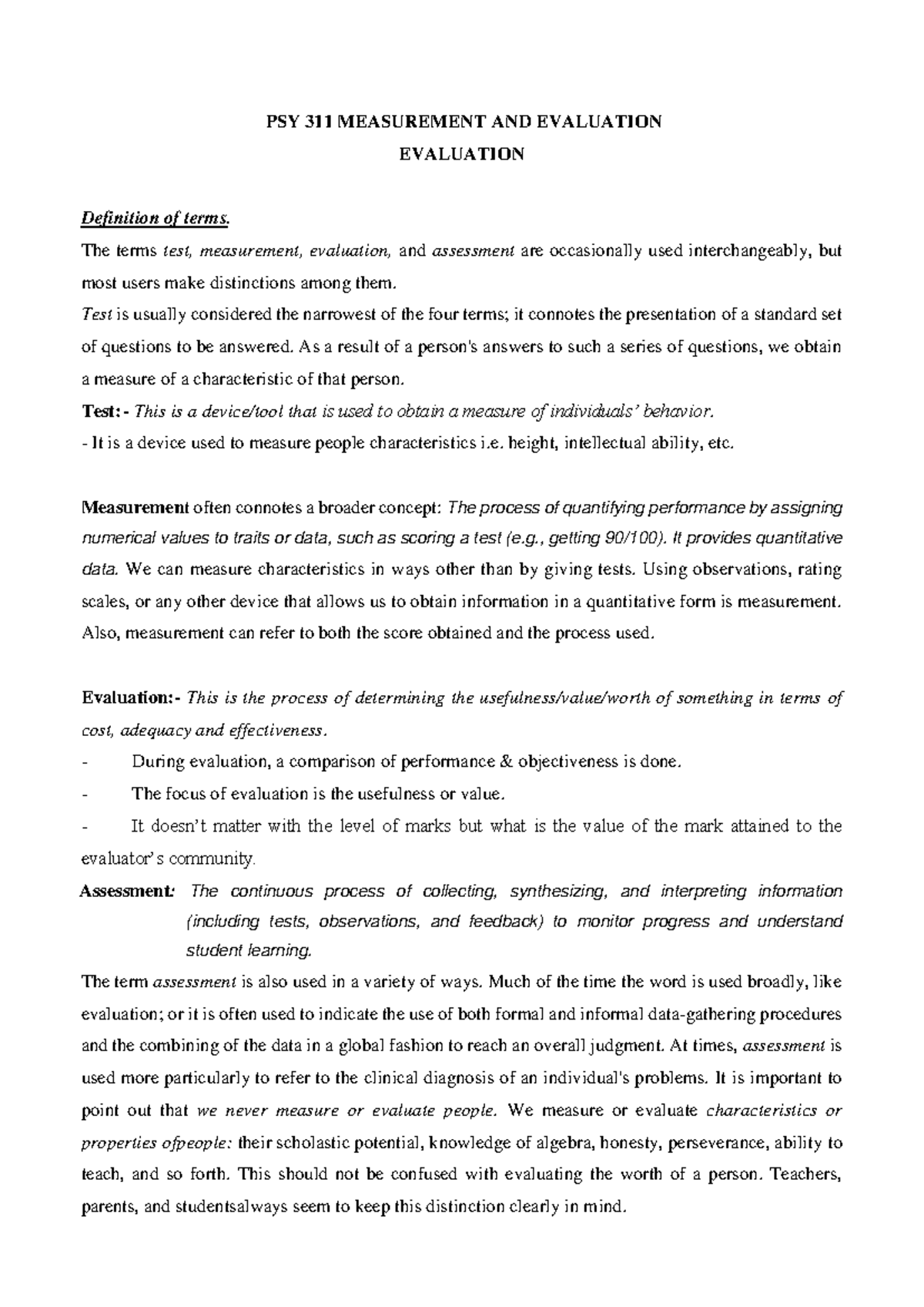 PSY 311 Measurement and Evaluation: Key Definitions and Concepts - Studocu