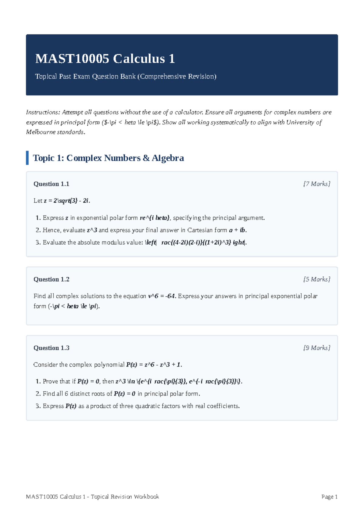 MAST10005 Calculus 1 Comprehensive Past Exam Question Bank - Studocu