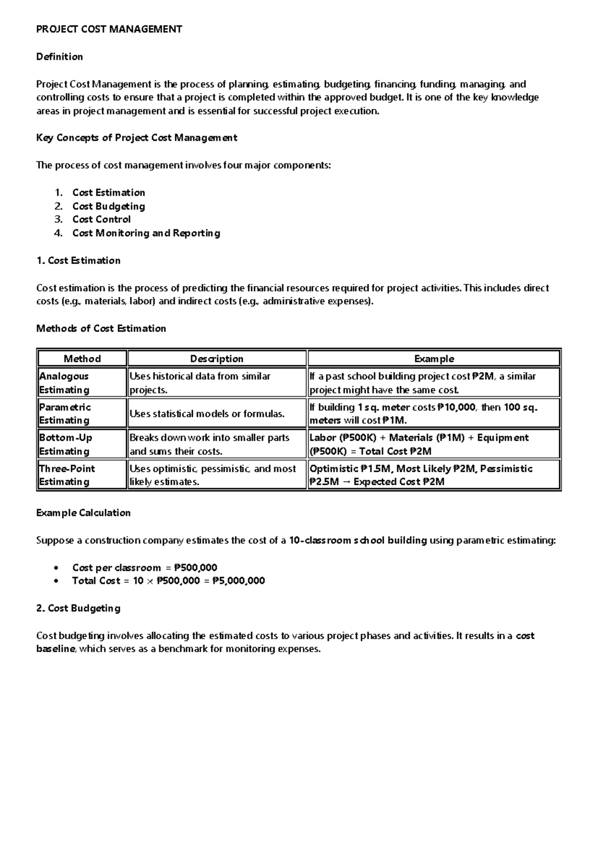 Proj Mngt 5 - Lecture on Project Cost Management Techniques - Studocu