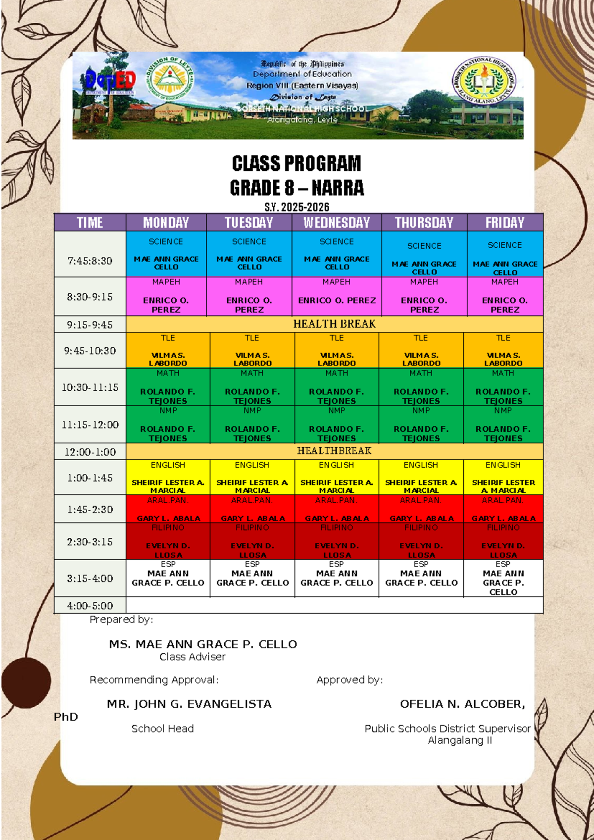 Class Program Grade 8 SY 2025-2026 Schedule - Studocu