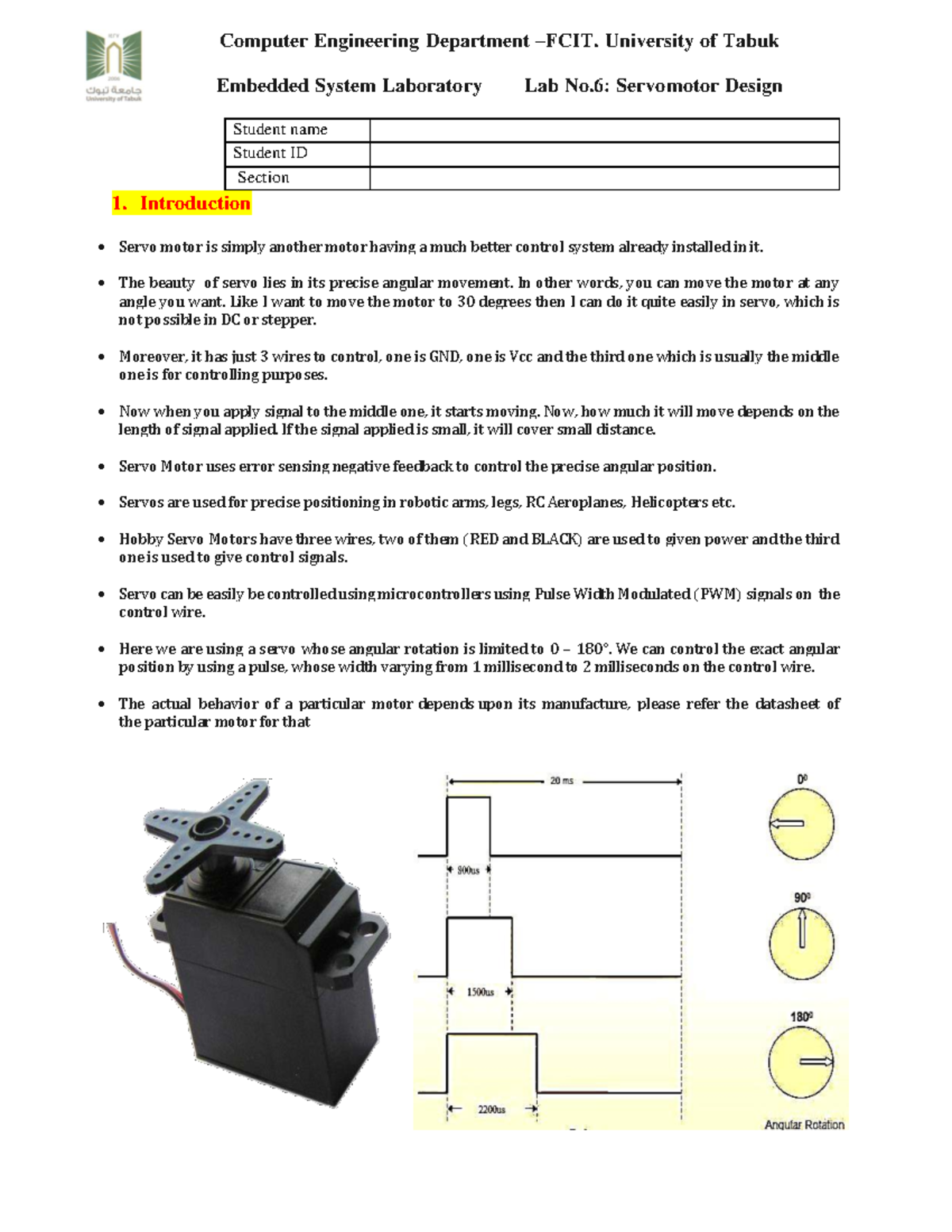 Lab No.6: Servo Motor Design in Embedded Systems (CE 101) - Studocu