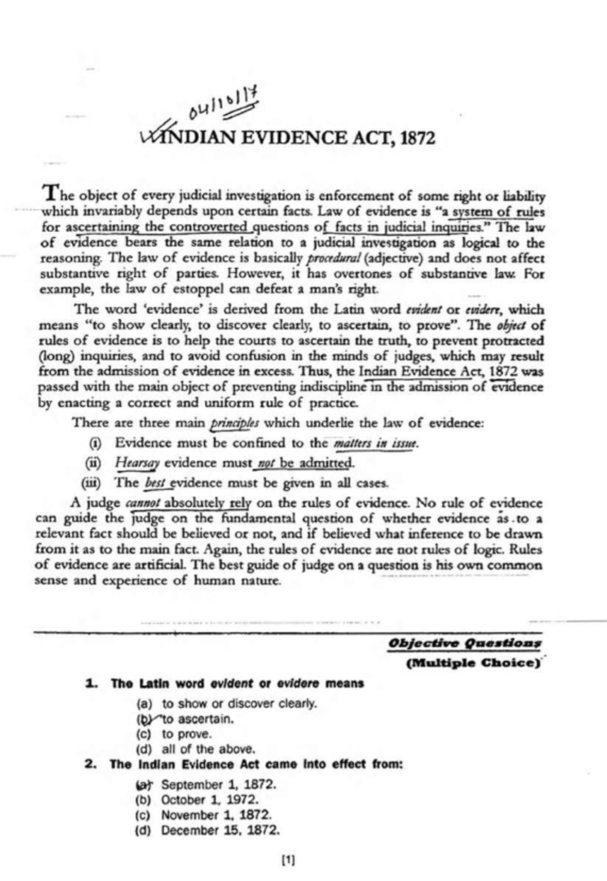 Evidence book - Book - V^fNDIAN EVIDENCE ACT, 1872 T h e object o f ...
