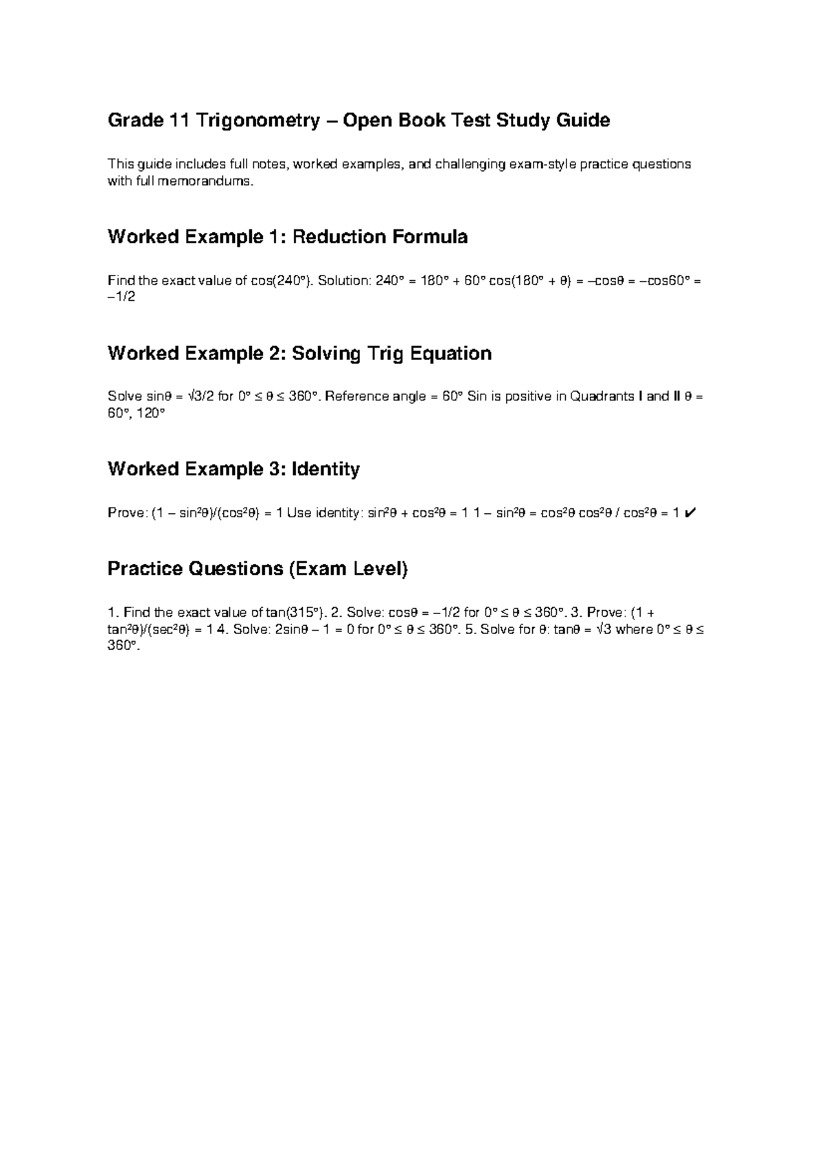 Grade 11 Trigonometry Open Book Test Study Guide & Examples - Studocu