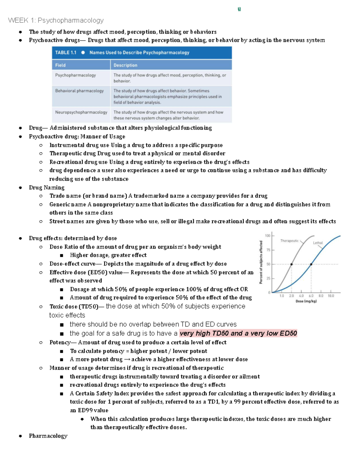 II WEEK 1: Psychopharmacology - Drugs and the Brain Overview - Document Preview