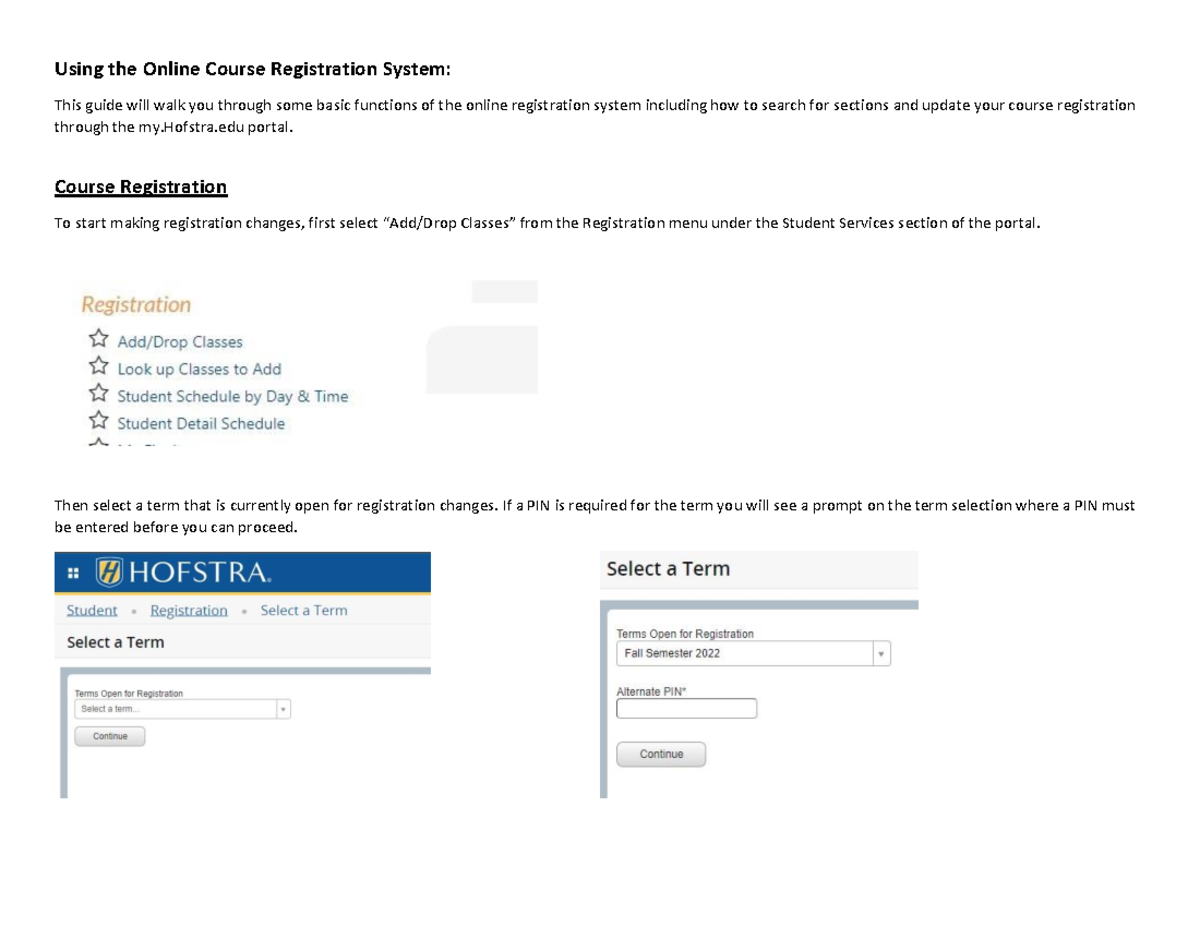Hofstra Course Registration Guide: Online System Walkthrough - Studocu