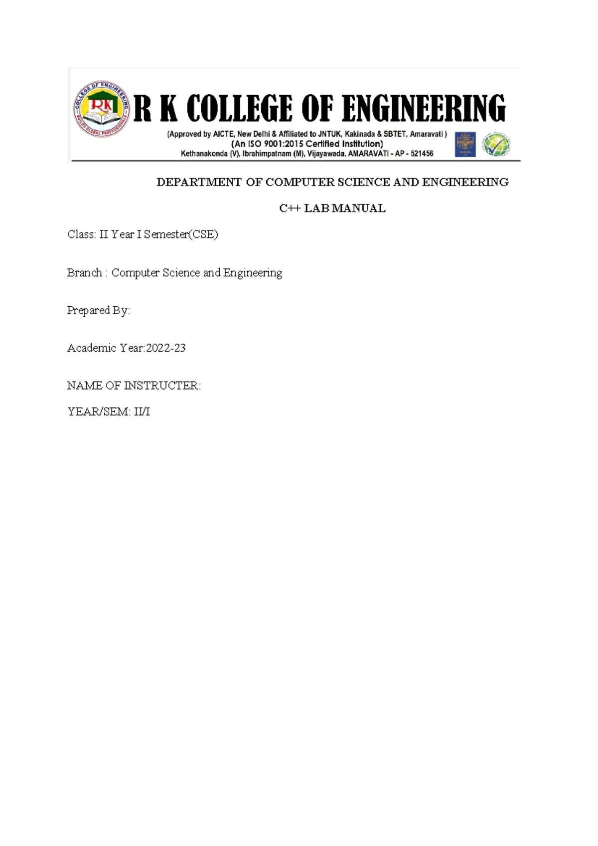 C++ LAB Manual - DEPARTMENT OF COMPUTER SCIENCE AND ENGINEERING C++ LAB ...