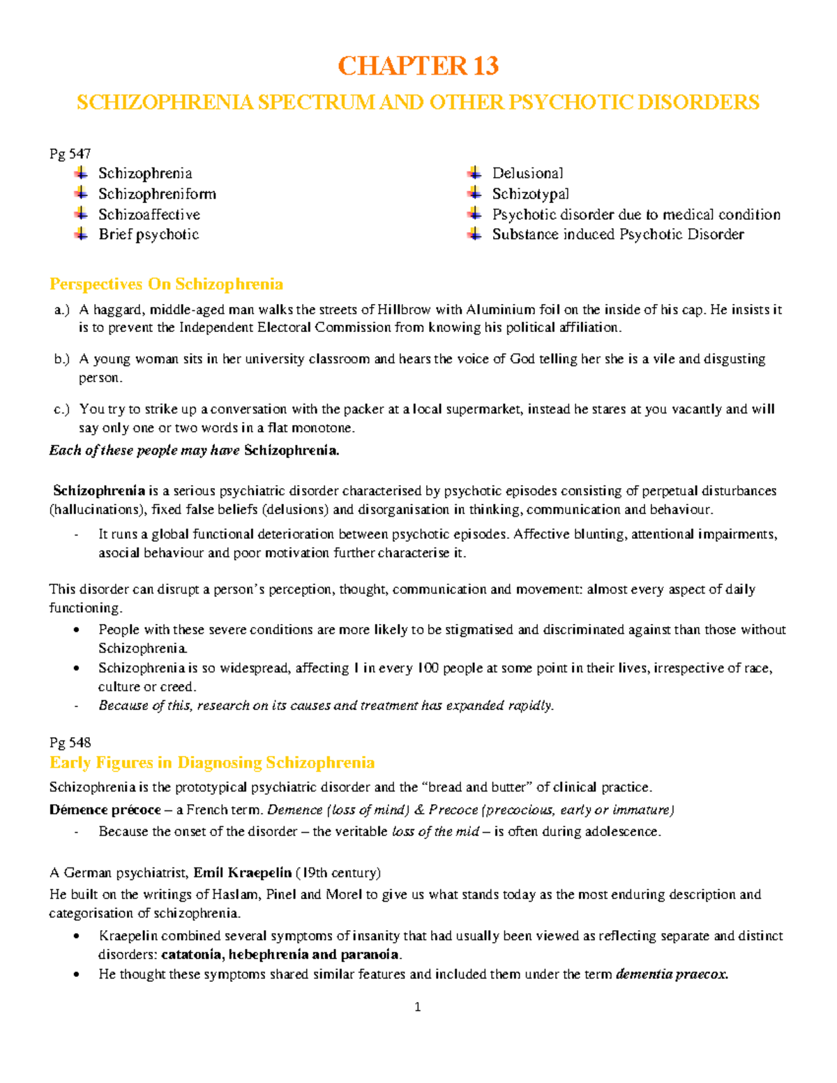 SLK 310 TEST 4 Notes Chapter 13 - CHAPTER 13 SCHIZOPHRENIA SPECTRUM AND ...