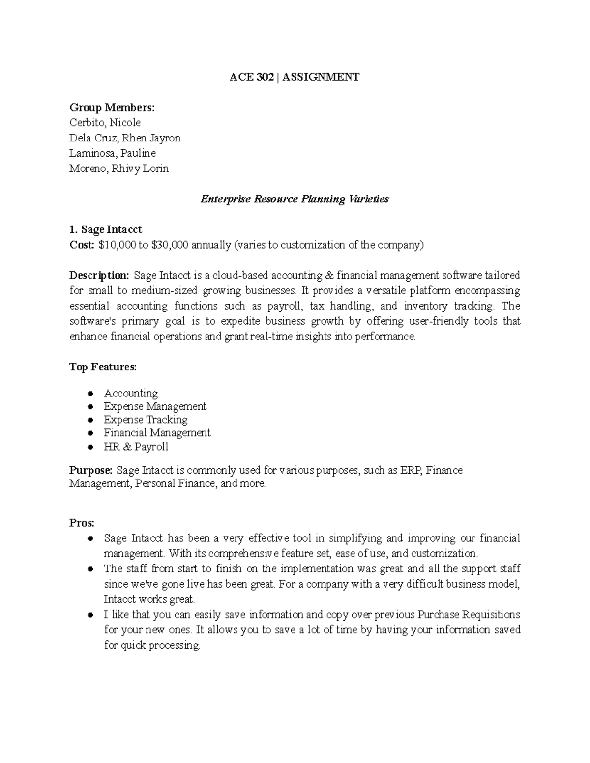 ACE 302 Assignment - These are the lists of known ERP systems locally ...
