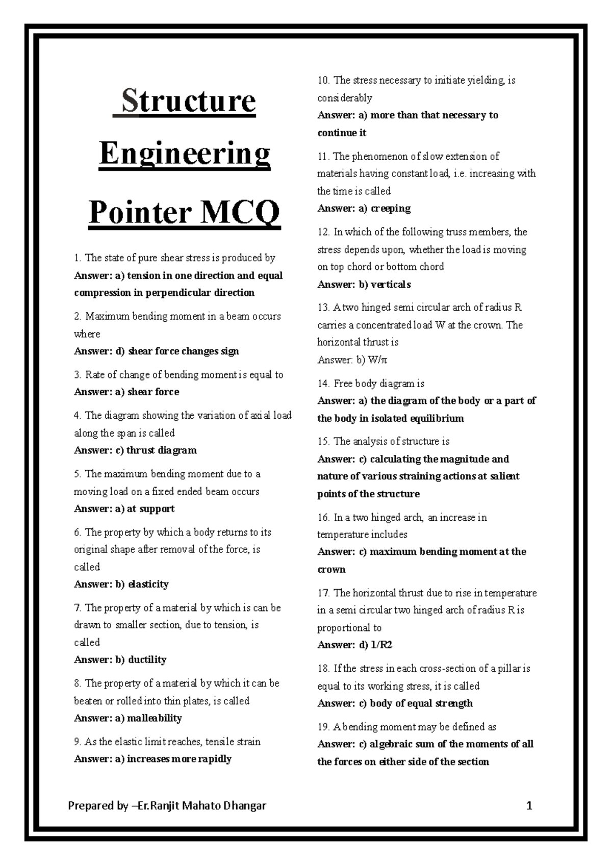 CIVIL 101: Structure Engineering MCQ Practice Set - Studocu