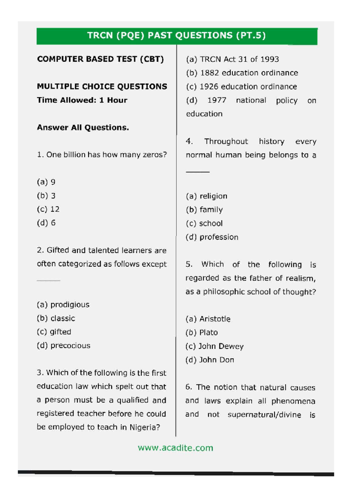 697088522 TRCN Past Questions (PT) - Multiple Choice Test Review - Studocu