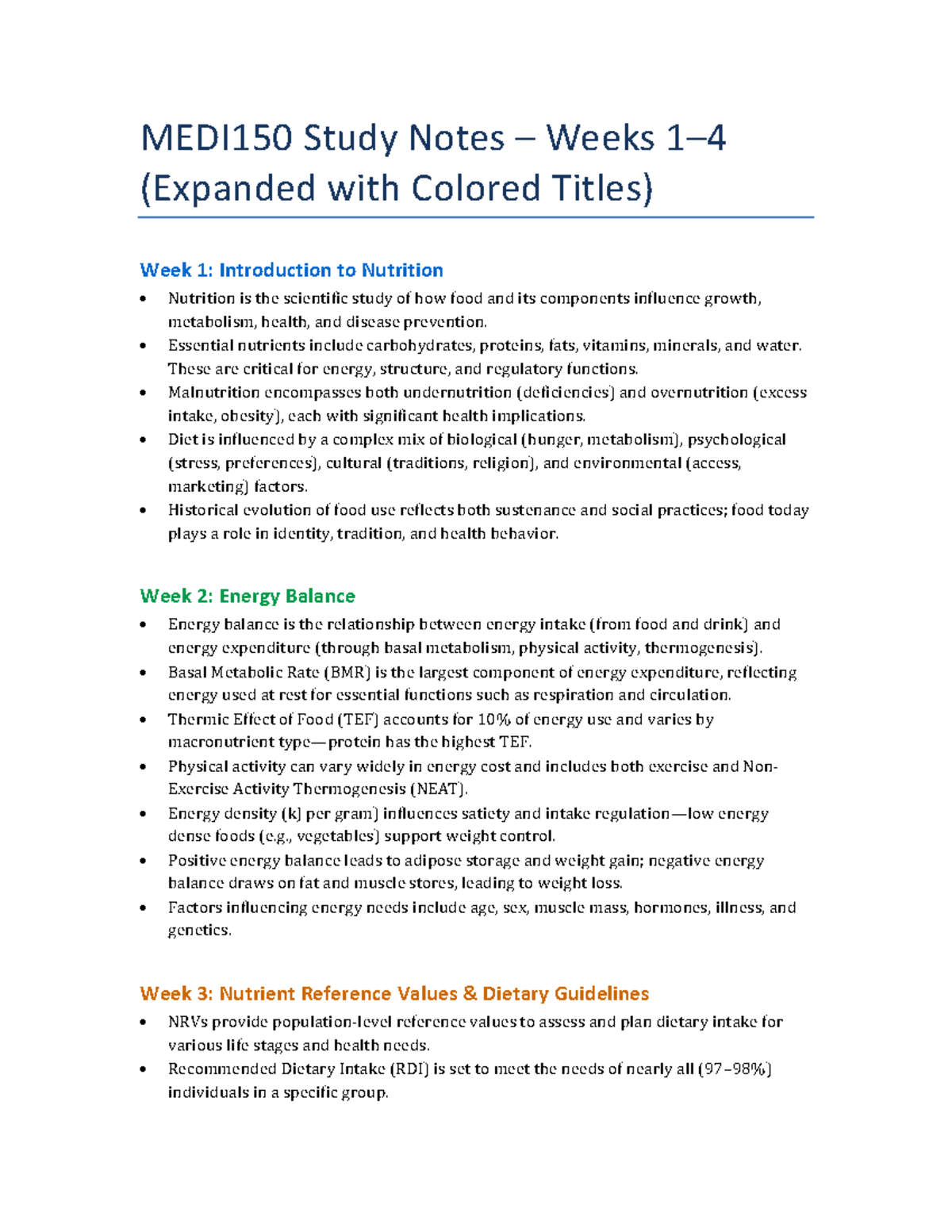 MEDI150 Study Notes: Weeks 1-4 on Nutrition & Energy Balance - Studocu