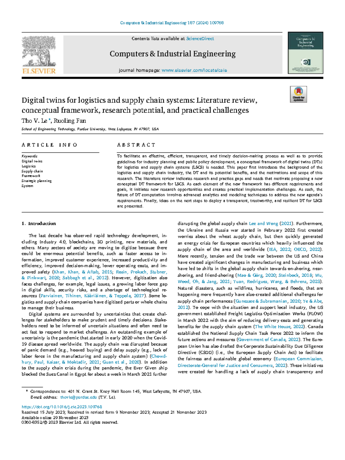 Digital Twins in Logistics and Supply Chain Systems: A Comprehensive ...