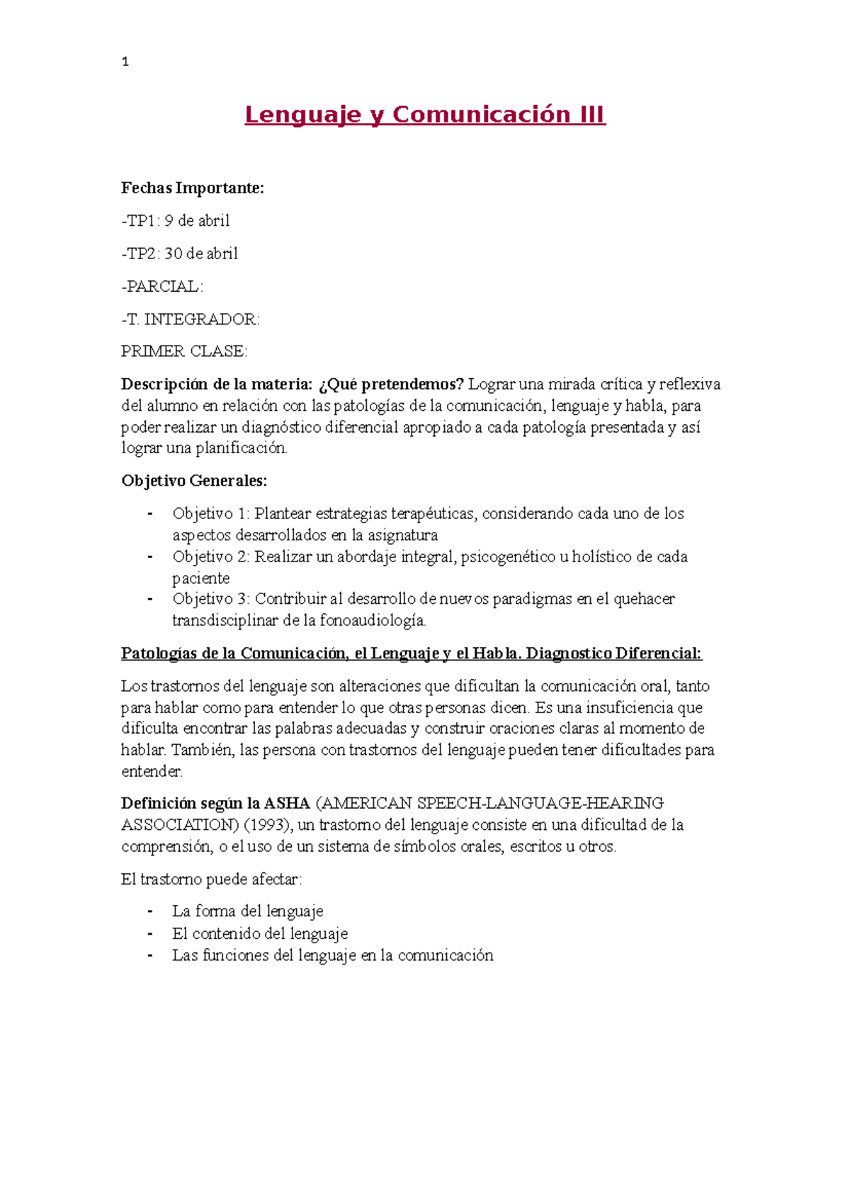 Lenguaje y Comunicación III: Diagnóstico y Patologías del Habla - Document Preview