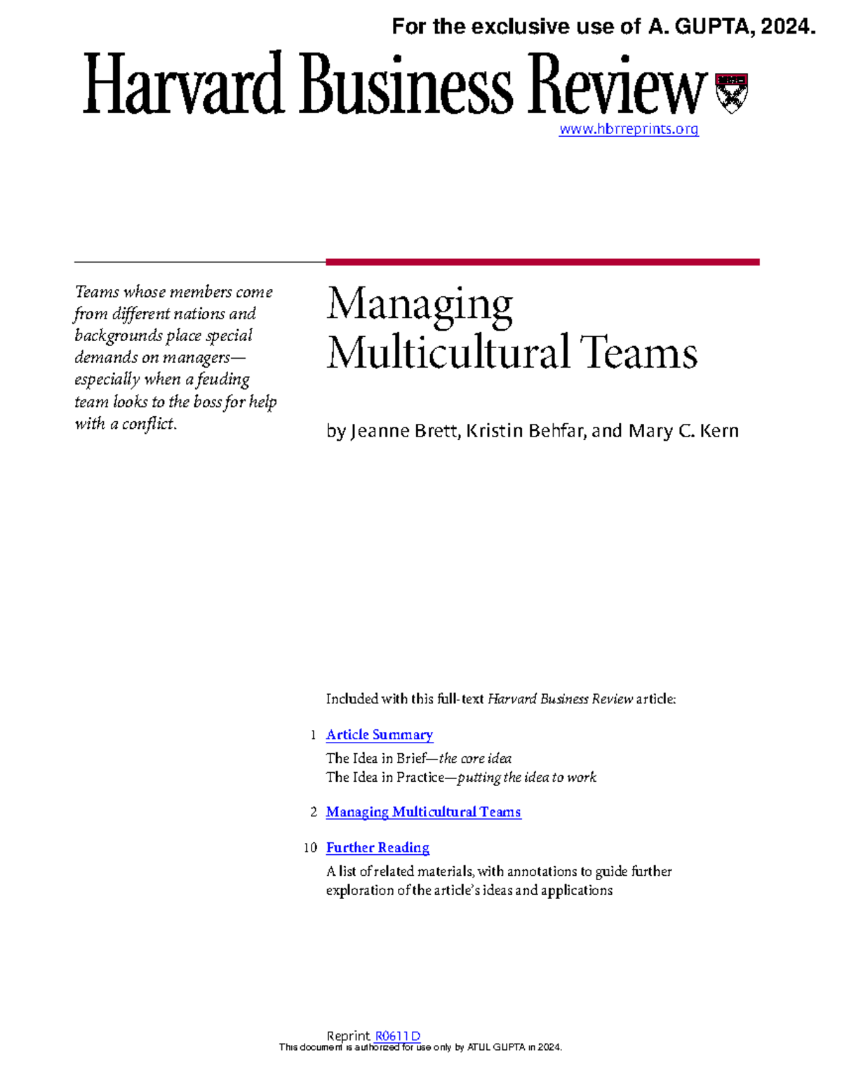 Managing Multicultural Teams: Strategies for Success (HBR R0611D) - Studocu
