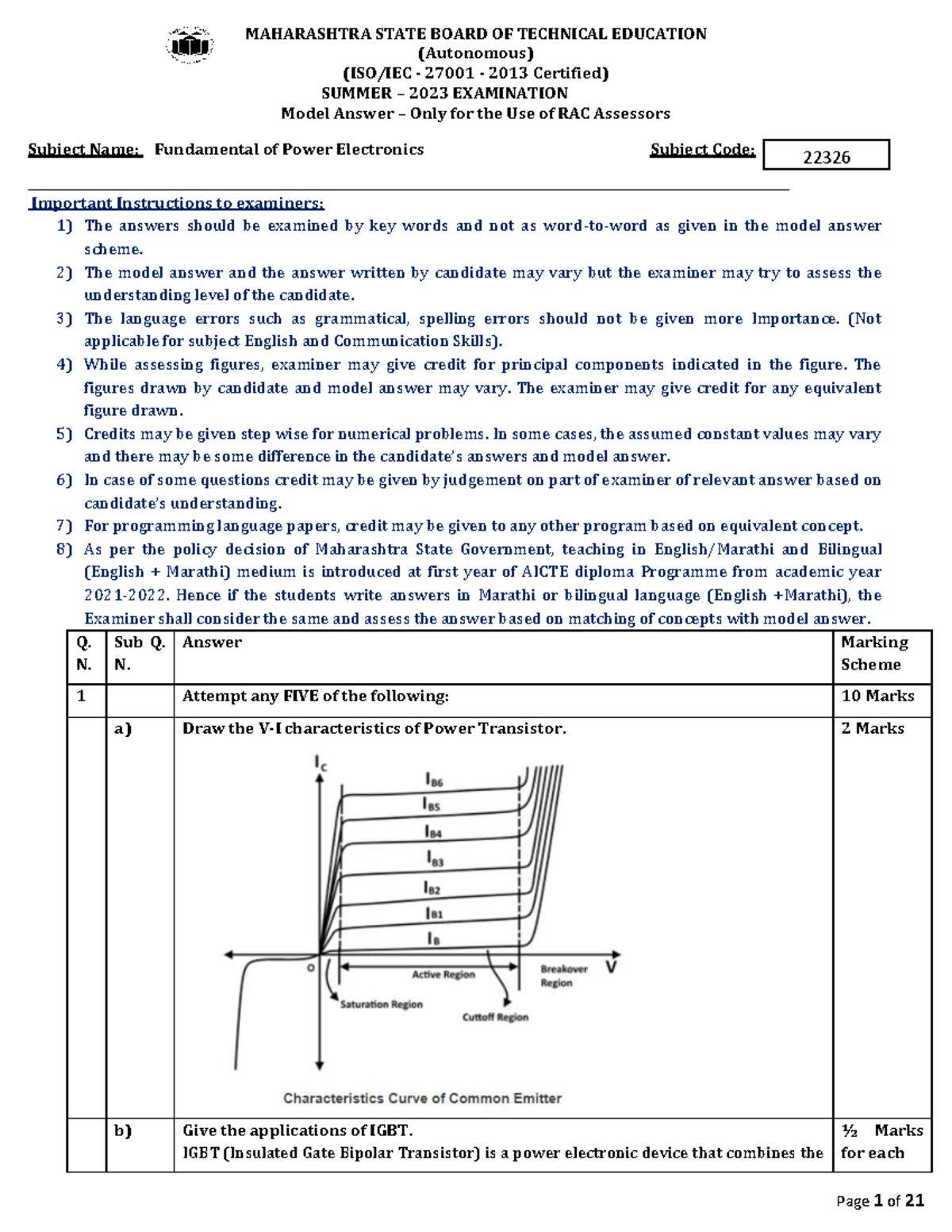 22326 - Summer 2023 Model Answer Paper for Power Electronics - Studocu