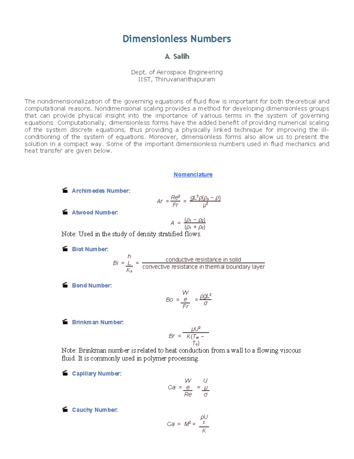 Dimensionless Numbers in Fluid Mechanics and Heat Transfer (AE 101 ...