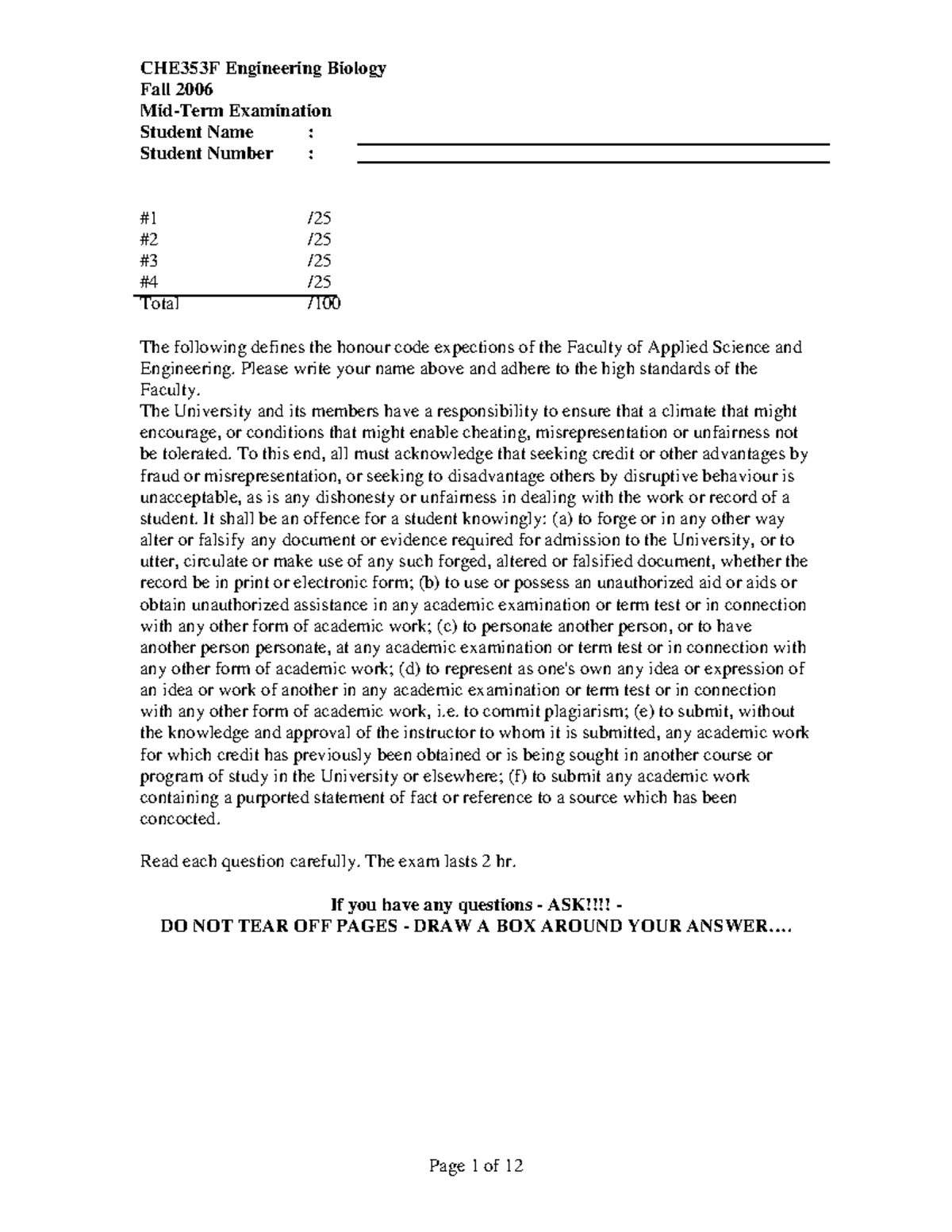 CHE353F Engineering Biology Fall 2006 Midterm Examination Guide - Studocu