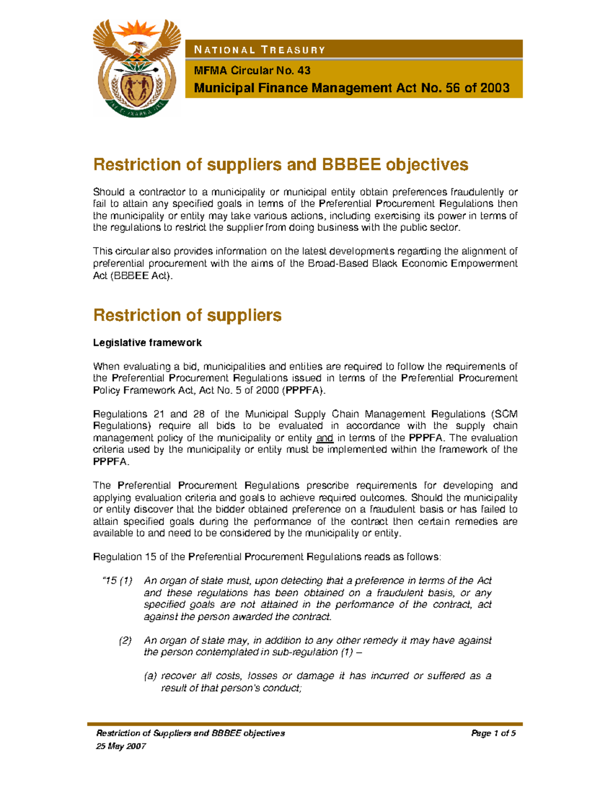 MFMA Circular No 43 - Supplier Restrictions and BBBEE Objectives (2007 ...