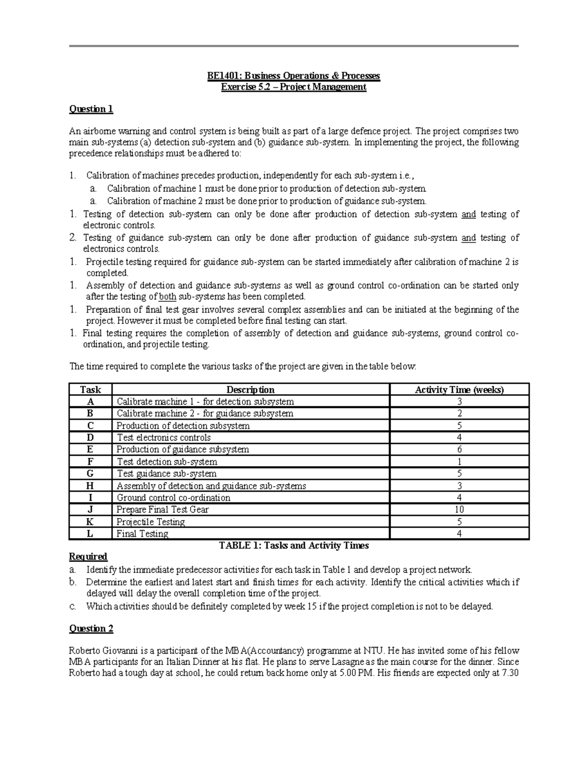 BE1401: Business Operations Processes Exercise 5 - Project Management ...