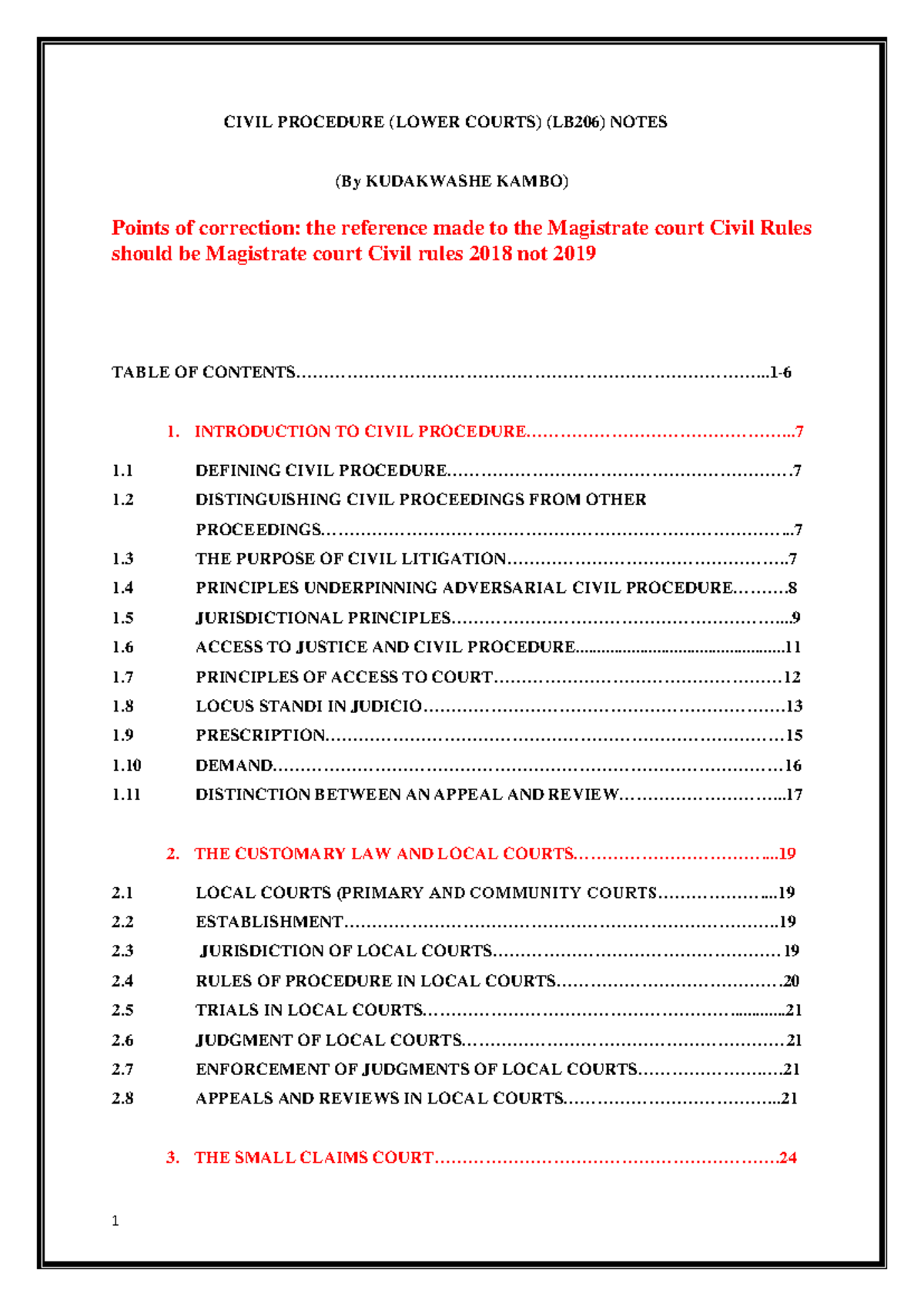 CIVIL PROCEDURE NOTES (LB206) - LOWER COURTS BY KUDAKWASHE KAMBO - Studocu