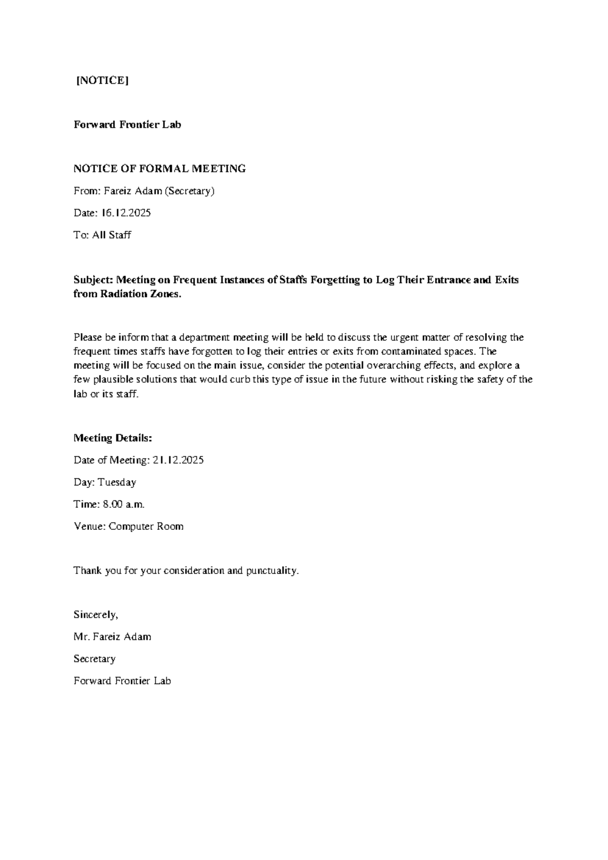 Forward Frontier Lab Meeting Notice: Staff Logging Issues - Studocu
