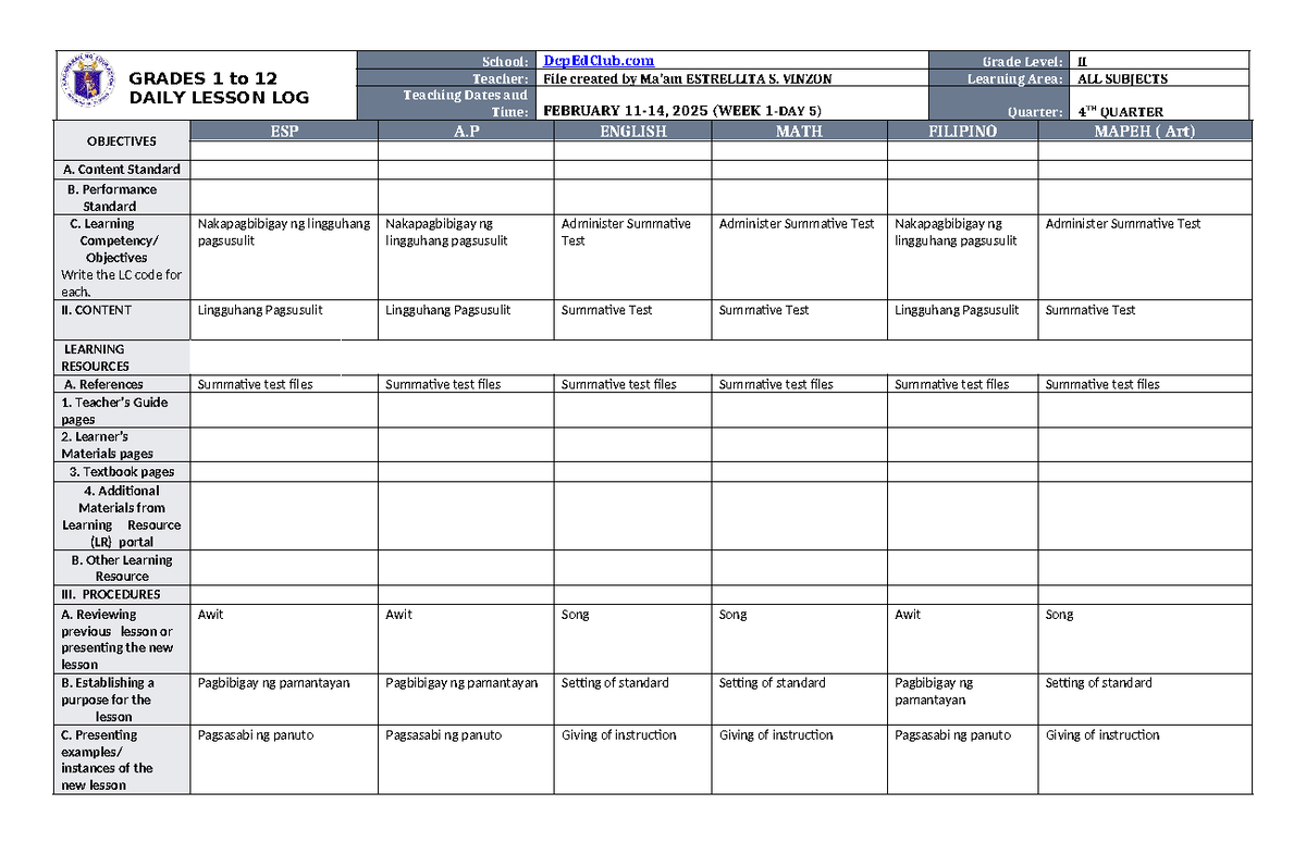 DLL ALL Subjects 2 Q4 W1 D5 - GRADES 1 to 12 DAILY LESSON LOG School ...