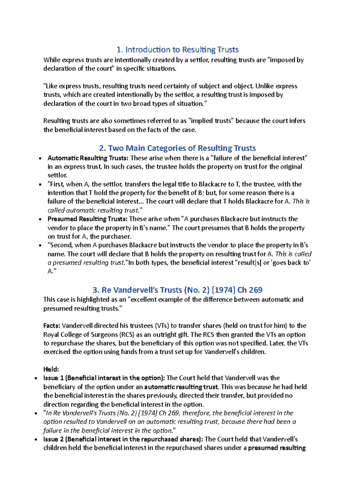 Resulting Trusts - Exam Topic Overview and Key Cases Analysis - Studocu