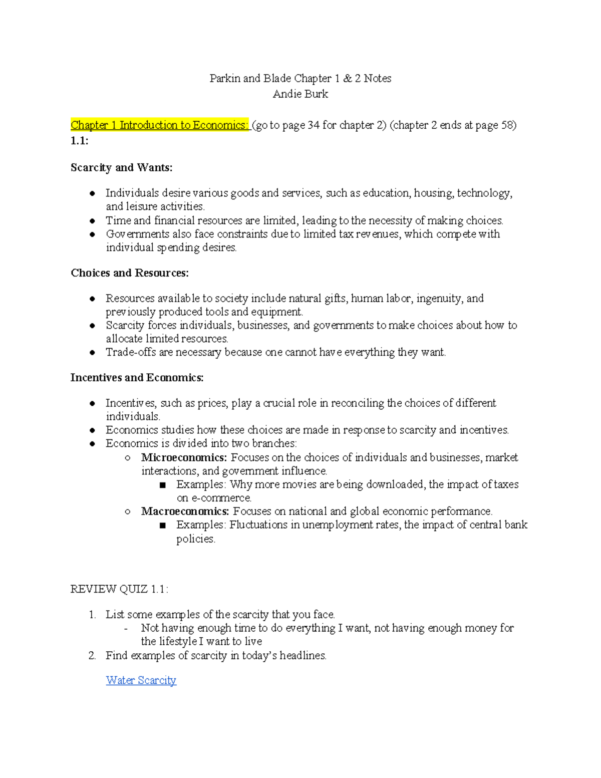 ECON Parkin and Blade Chapter 1 & 2 Notes - Andie Burk - Parkin and ...