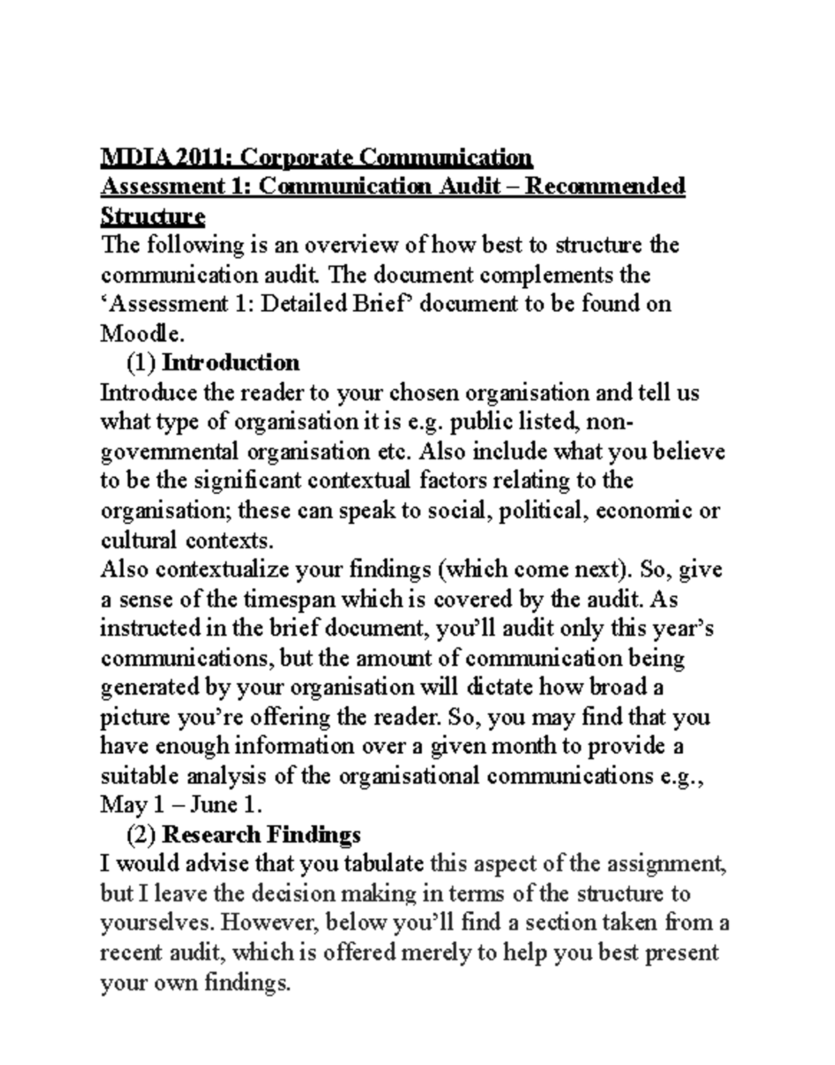 MDIA 2011 Assessment 1: Comm Audit Structure Guide 2024 - Studocu