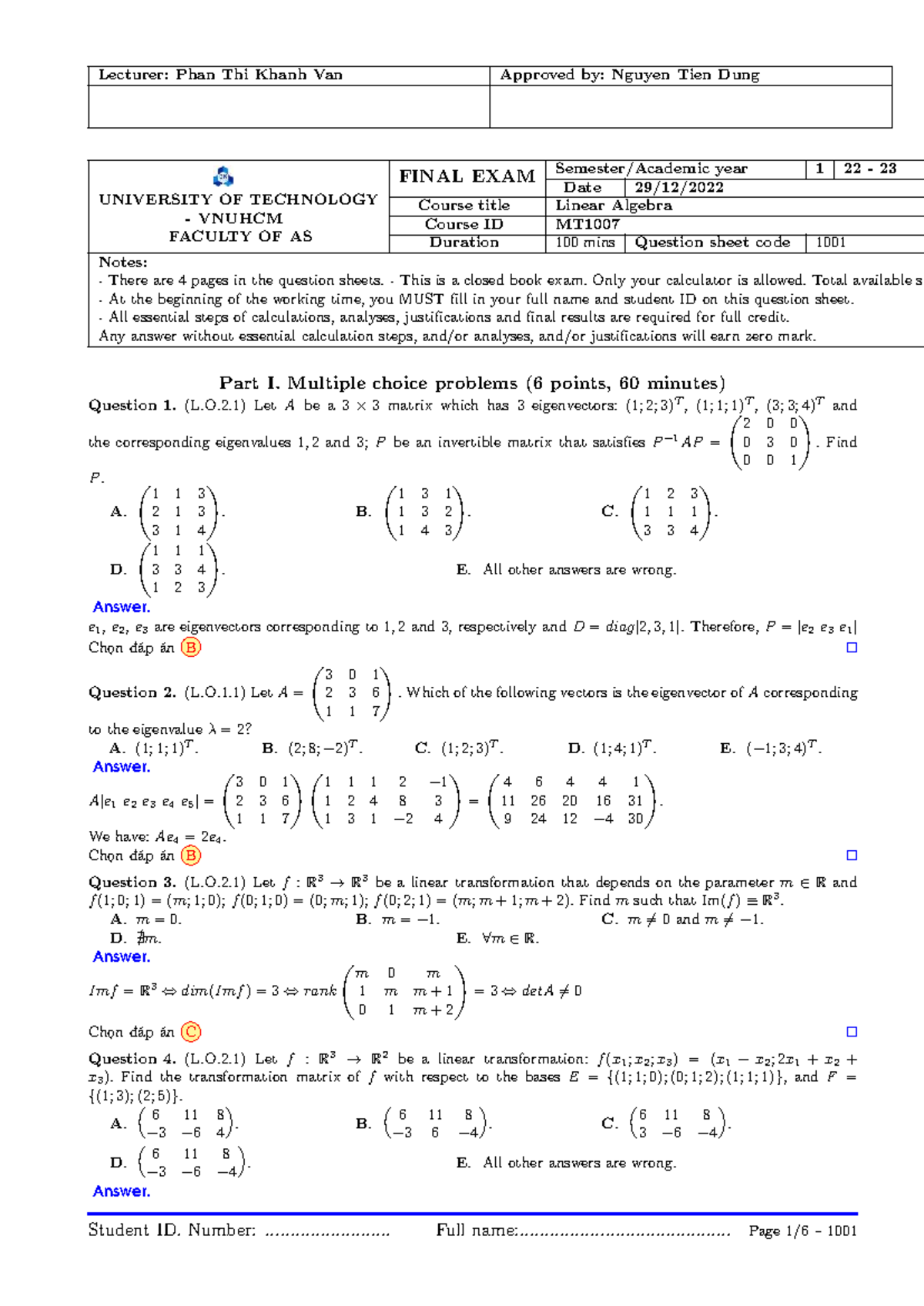 FINAL EXAM MT1007 Linear Algebra Question Sheet 2023 Studocu