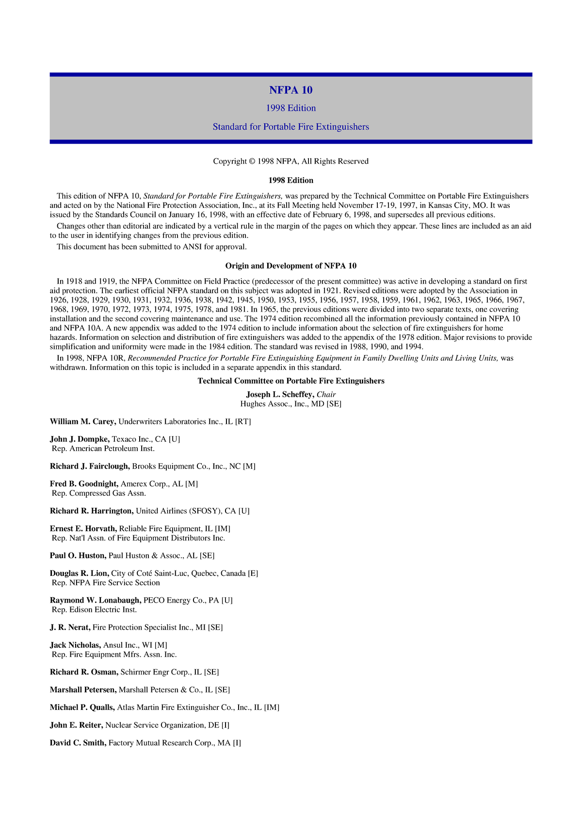 NFPA 10: 1998 Edition Standard for Portable Fire Extinguishers - Studocu