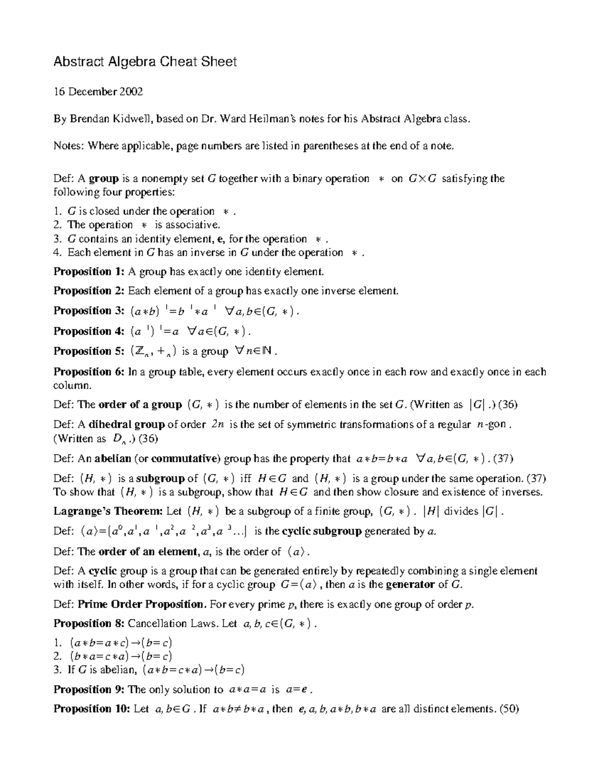 Abstract Algebra Cheat Sheet (Course Code: MATH 301) - Studocu