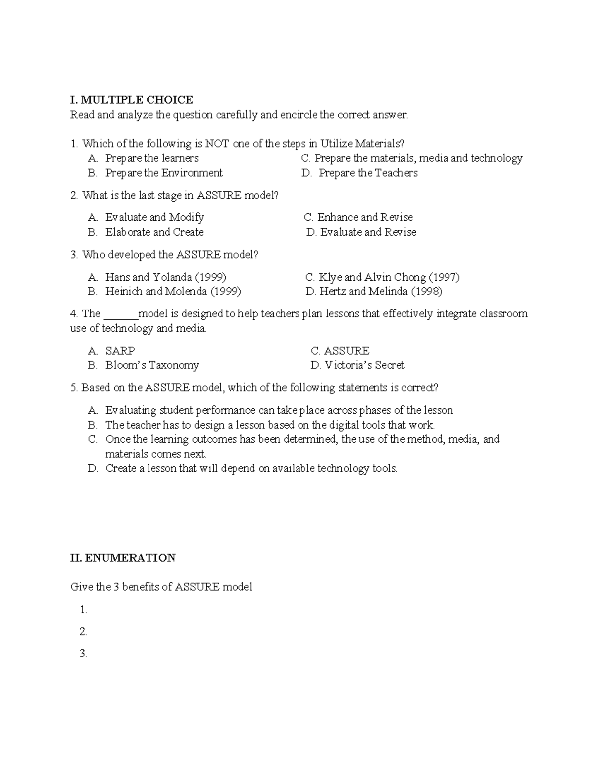 QUIZ - ASSURE Model Quiz with Multiple Choice Questions - Studocu