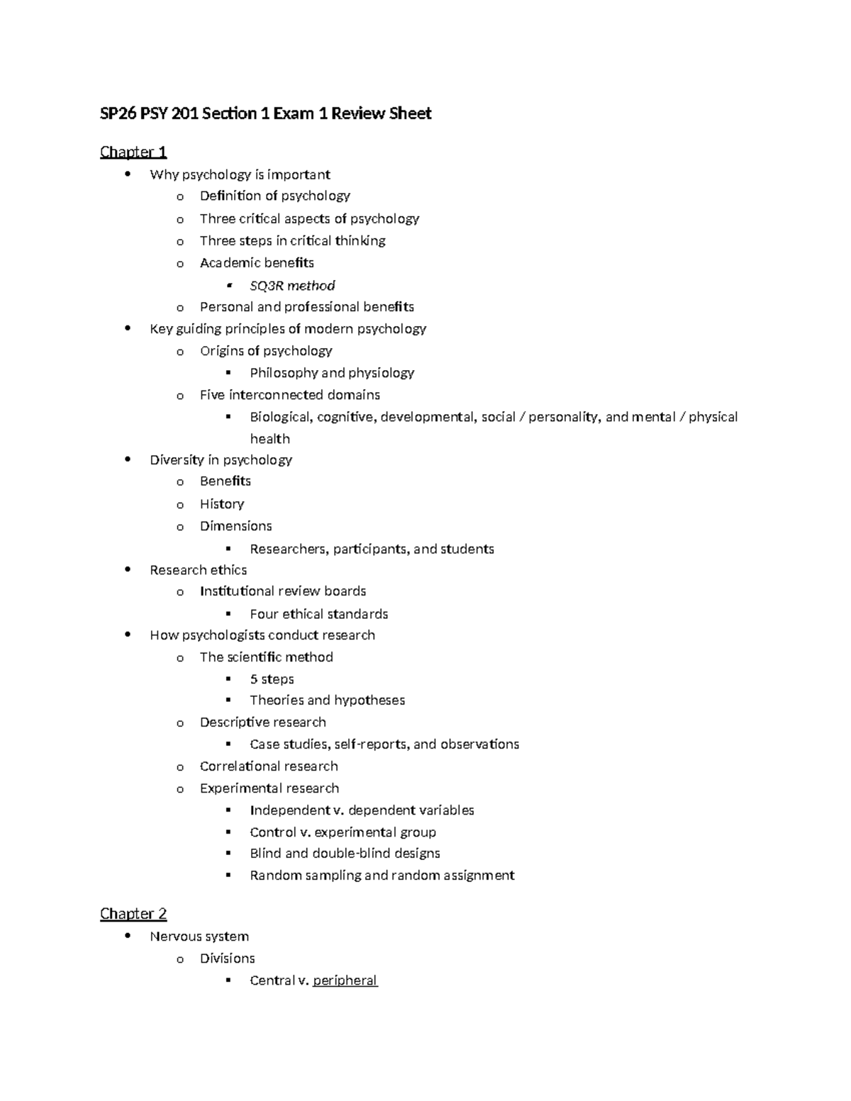 SP26 PSY 201 Exam 1 Review Sheet: Key Concepts & Theories - Studocu