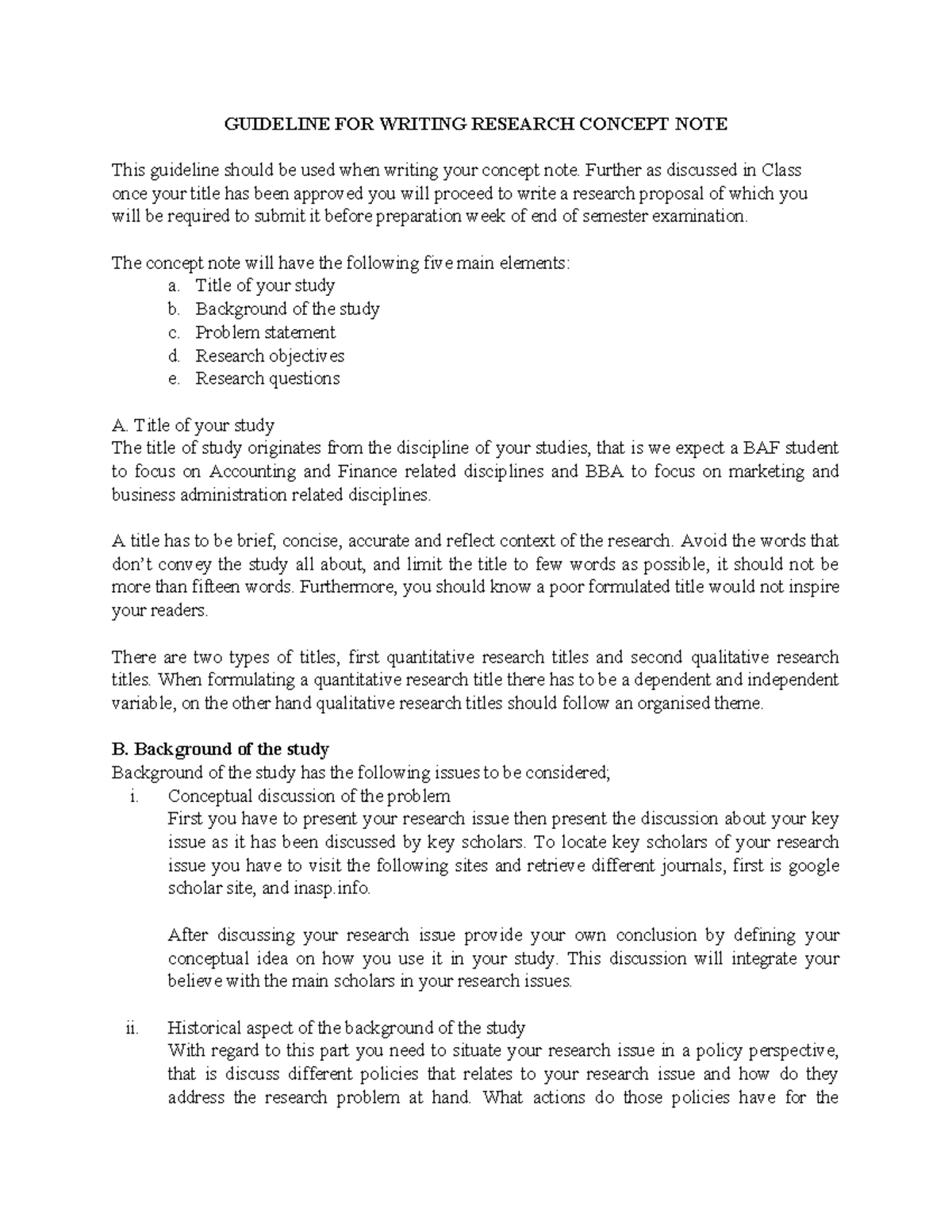 Guideline for Writing Research Concept Note (RG 101) - Studocu