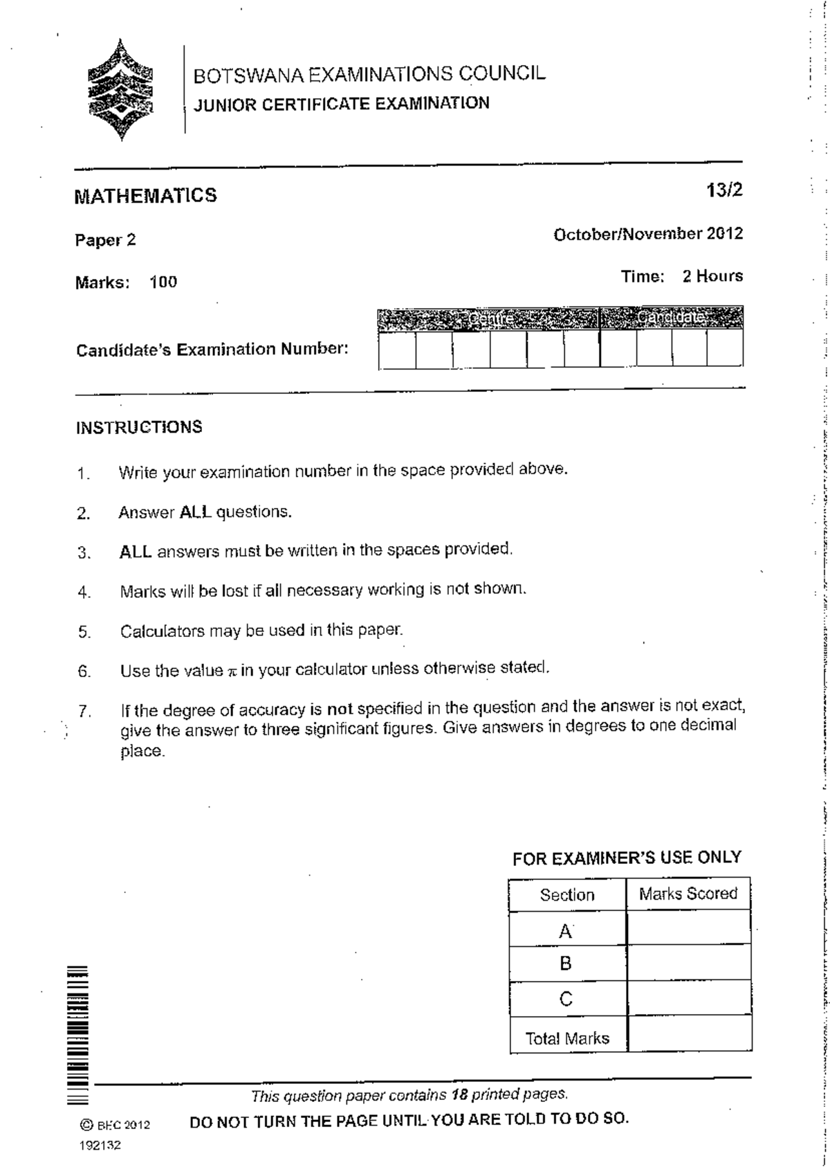Maths Paper 2 BEC Junior Certificate Exam 2012 - Studocu