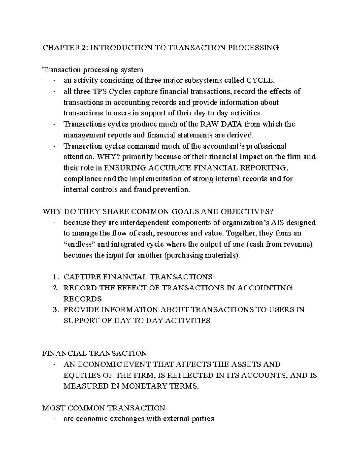 AIS 101: Chapter 2 - Introduction to Transaction Processing Systems ...