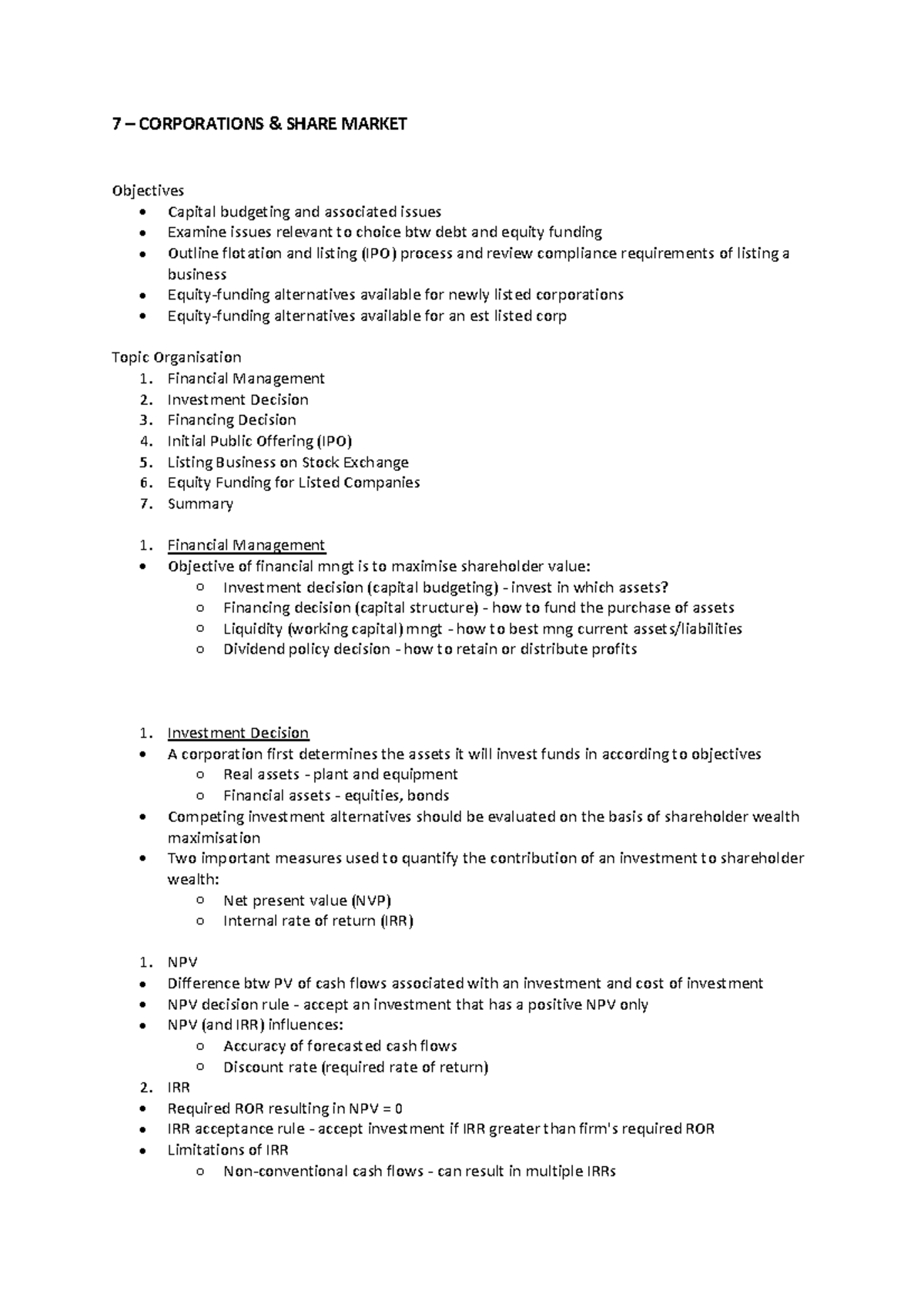 ACFI1003 7 - lecture notes and tutorial work - 7 – CORPORATIONS & SHARE ...